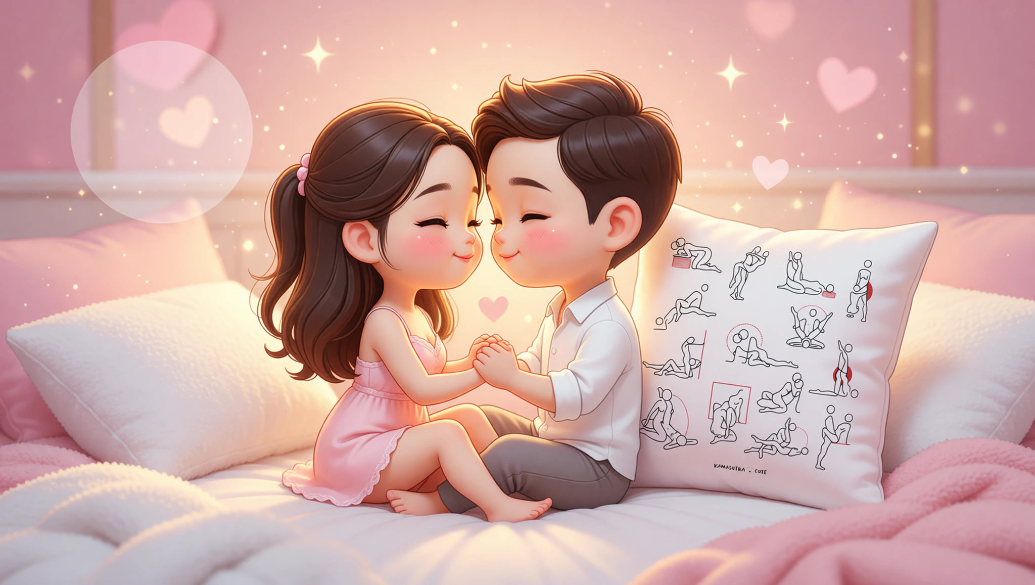 Newlywed couple passionately entwined in the Lotus Blossom position from the Kama Sutra on their bed.