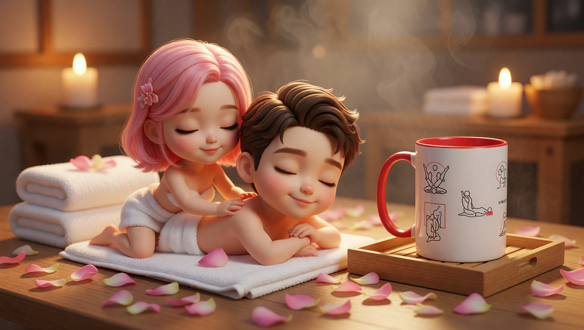 A man and woman sharing intimate Kama Sutra spa touches in a luxurious home relaxation setting.