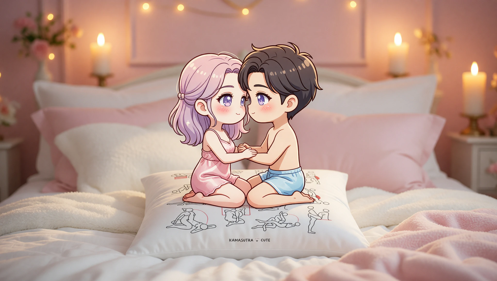 A passionate man and woman embracing in the Lotus Kama Sutra position on a softly lit bed.