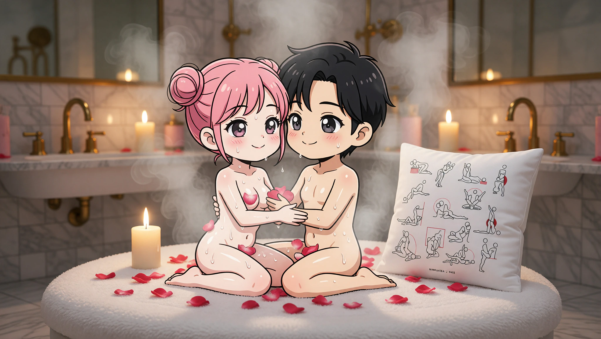 A passionate man and woman embracing in a steamy spa-inspired lotus position surrounded by candles and petals.