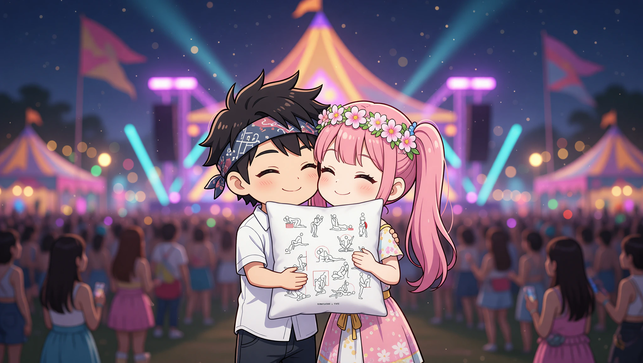 Man and woman couple sharing a steamy embrace outside a festival tent under starry skies.