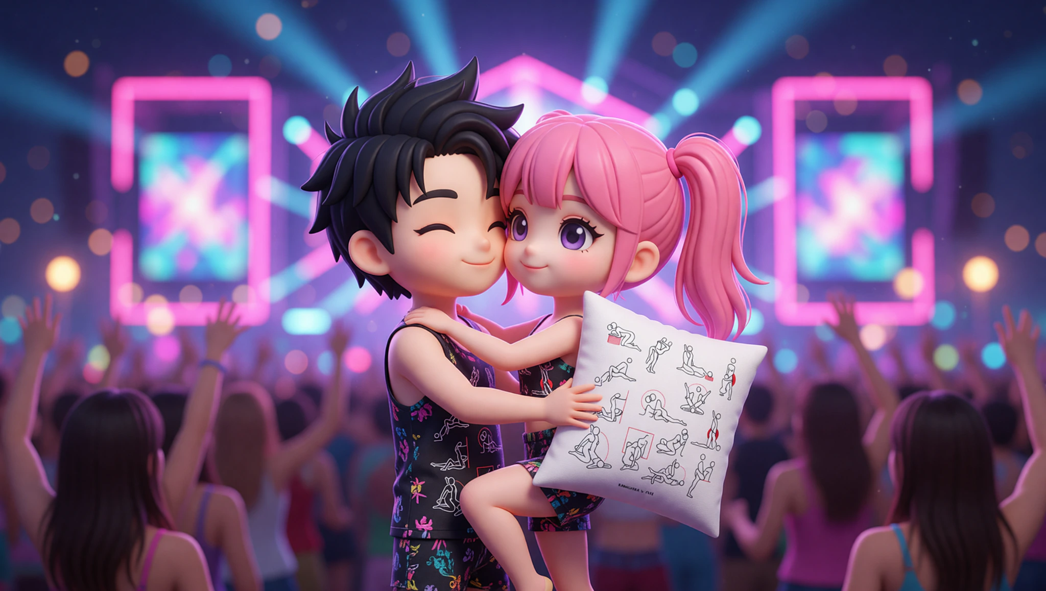 Heterosexual couple locked in a thrilling Kama Sutra pose amid pulsating festival lights and energy.