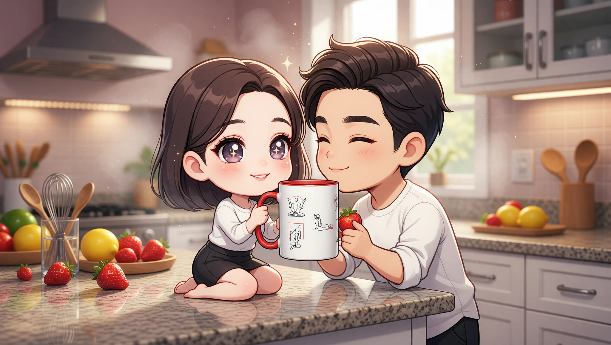 Flirty man and woman couple sparking Kama Sutra heat on a kitchen counter during a playful home date.