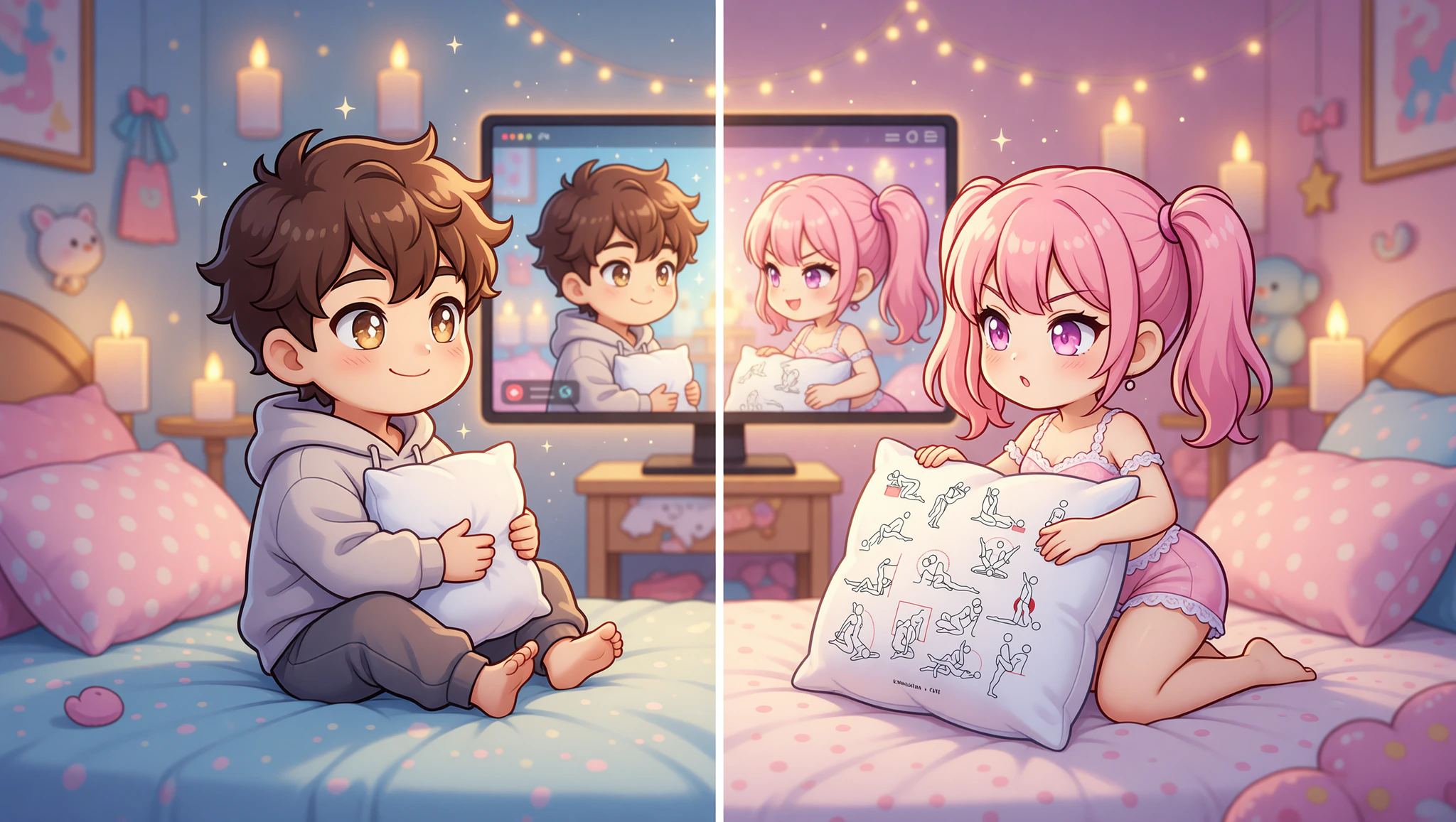 Heterosexual couple bridging distance with steamy Kama Sutra video call sparks.