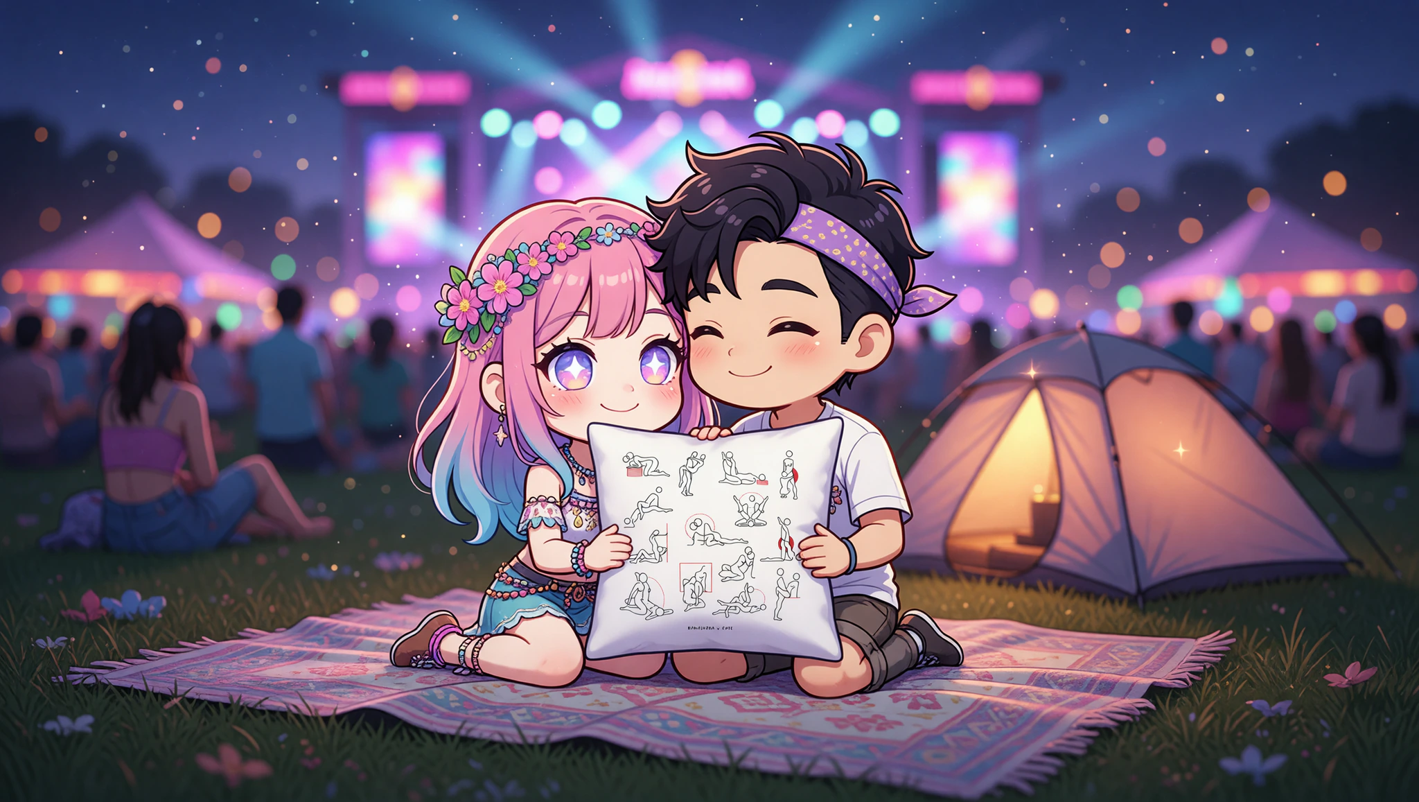 Man and woman couple sharing a close moment on a blanket at a lively travel festival campsite.