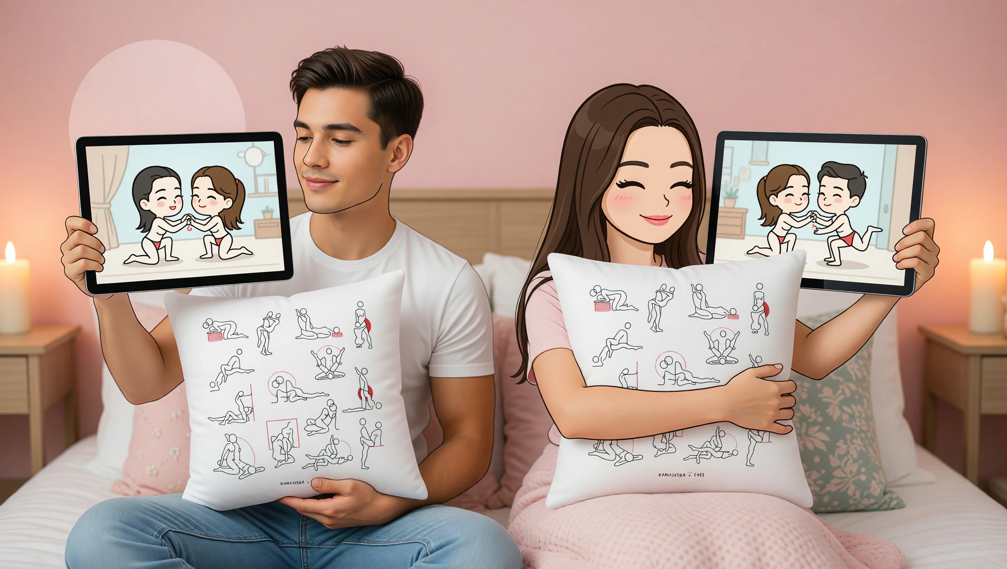 A passionate man and woman couple connecting through video call, virtually exploring Kama Sutra positions from afar.