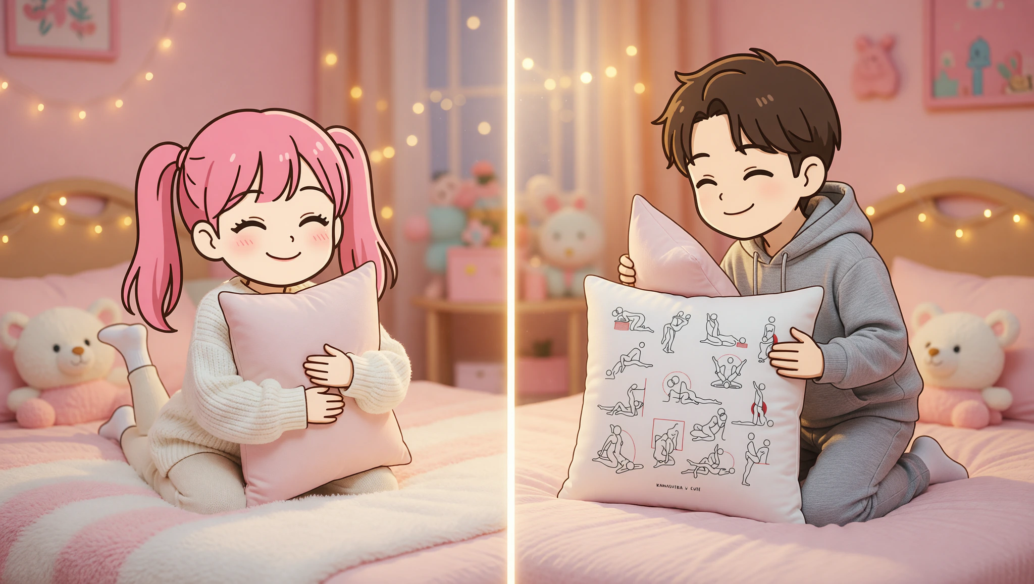 Heterosexual couple igniting long-distance passion by mirroring Kama Sutra poses over video call.