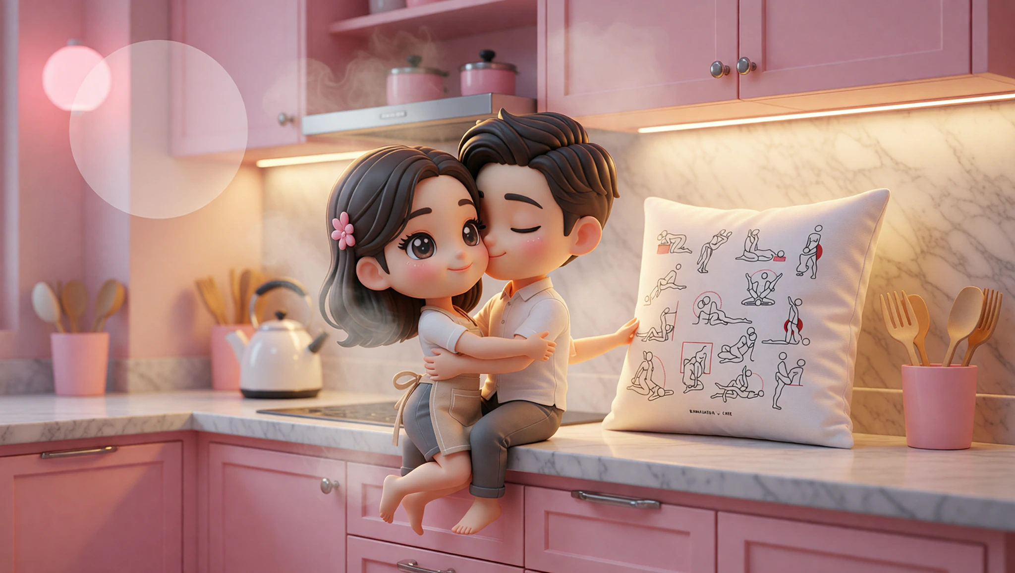 A man and woman couple locked in a steamy Kama Sutra embrace on their kitchen counter.