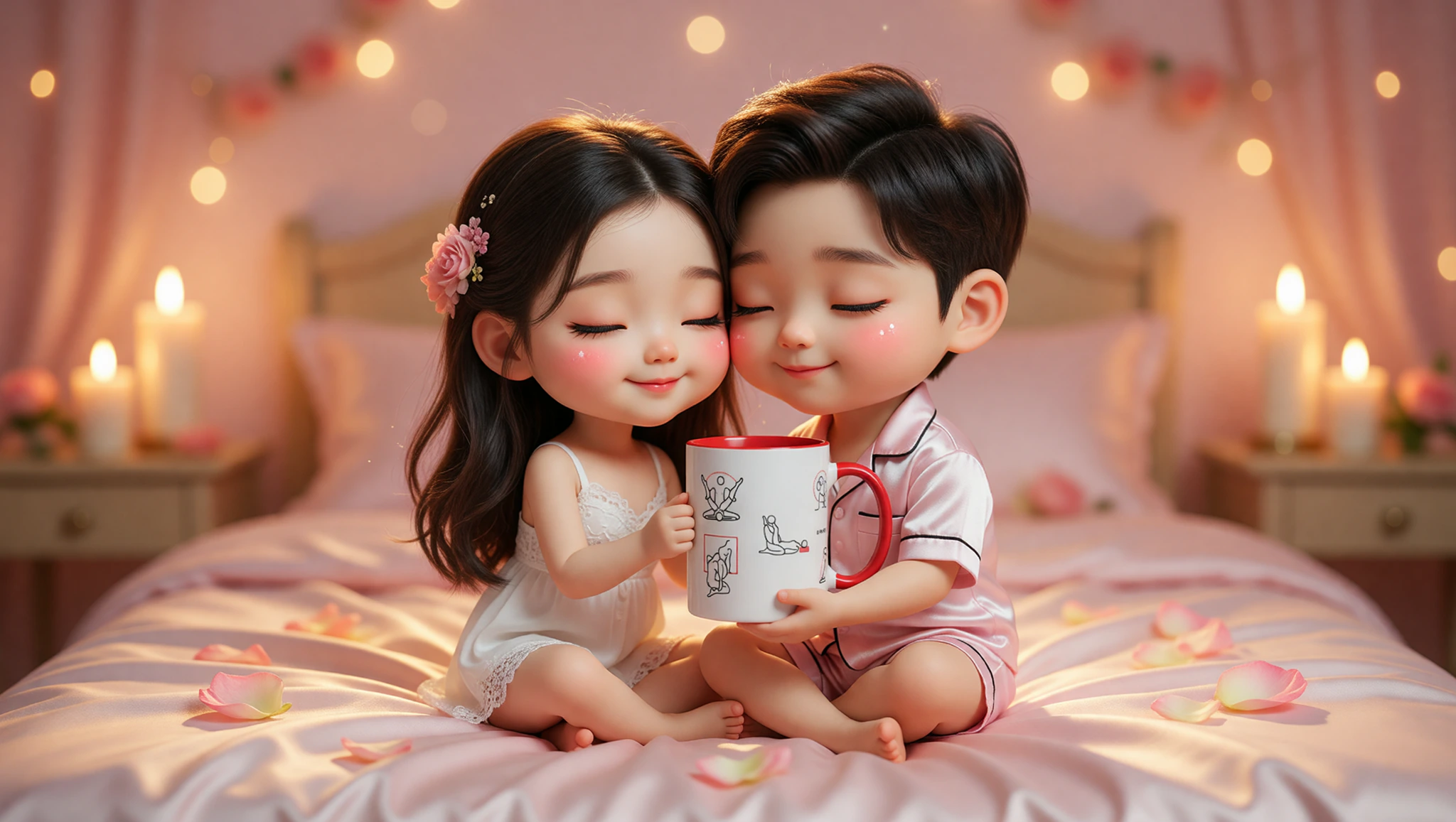 Newlywed man and woman in a tender Kama Sutra lotus embrace, radiating passion and connection.