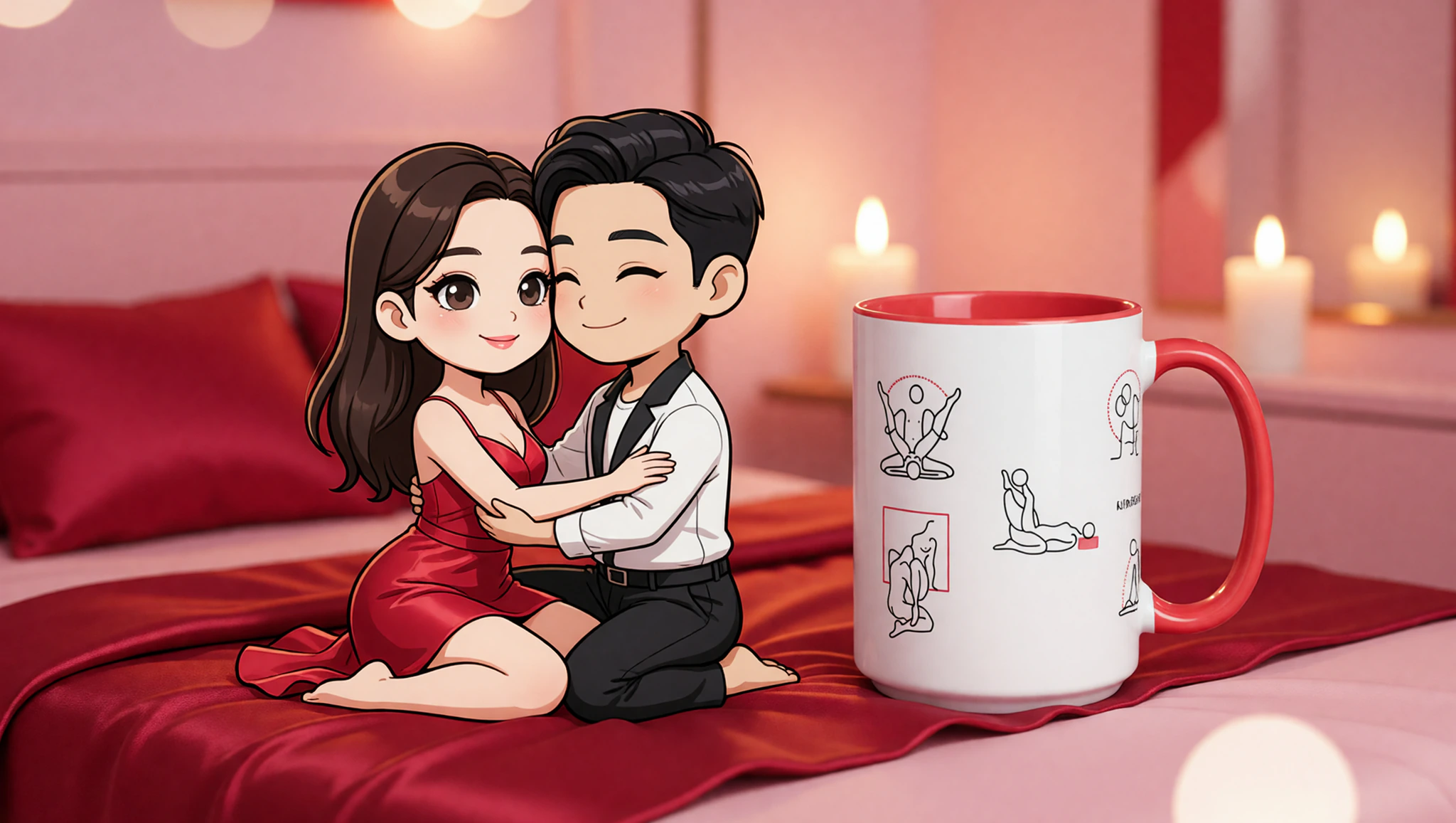 Heterosexual couple intimately entwined in Kama Sutra lotus embrace on silk sheets.