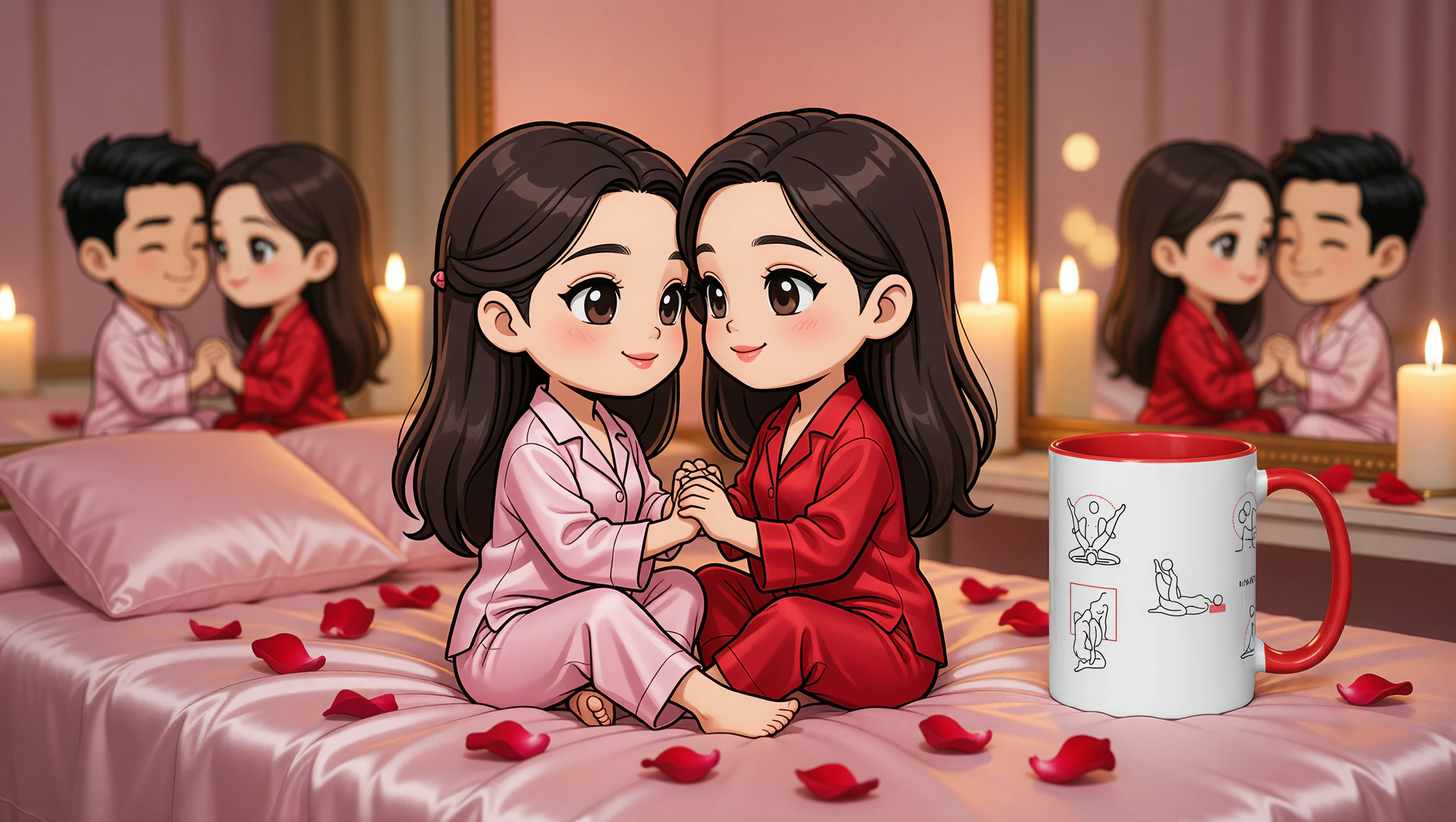 Heterosexual couple intimately connected in Lotus position within a candlelit sultry bedroom setup.