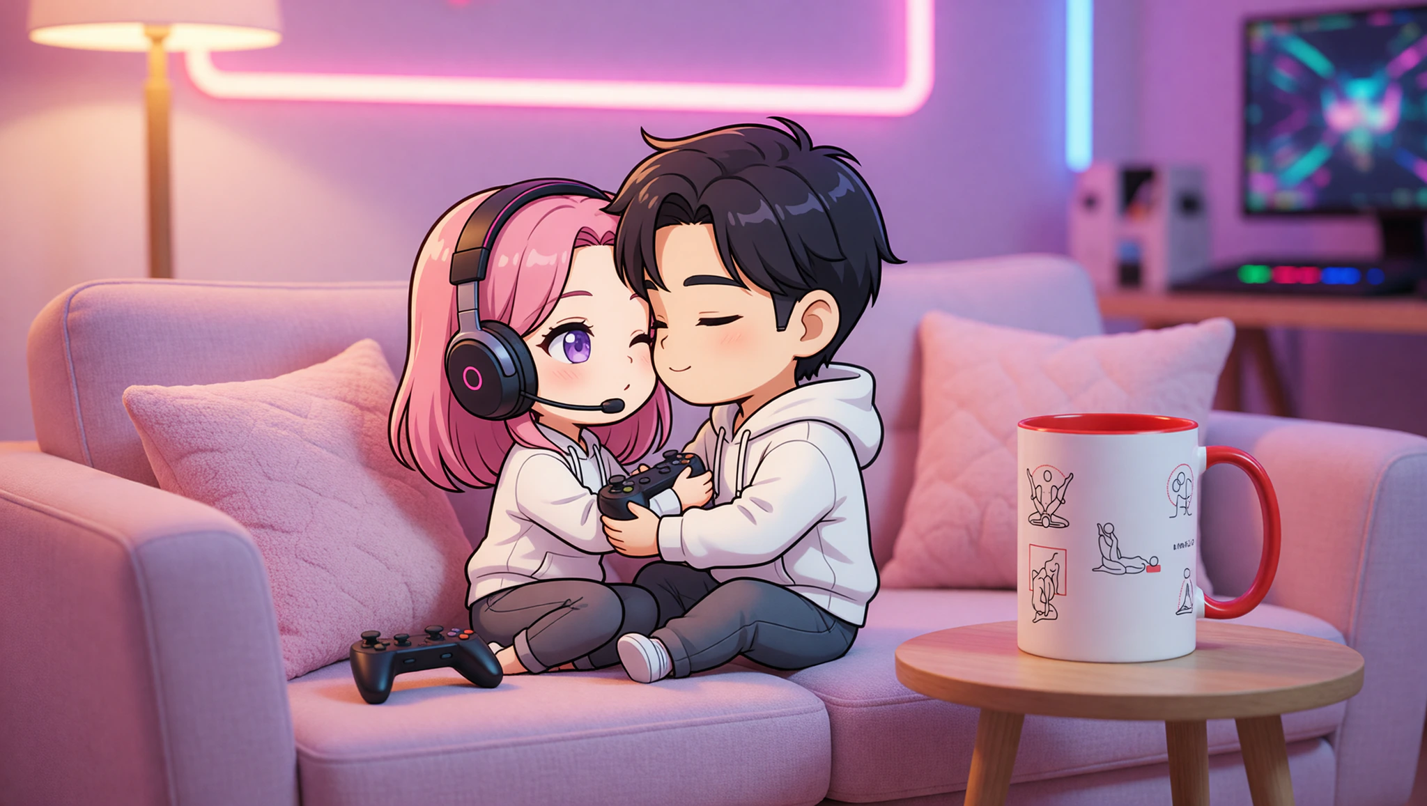 A man and woman gaming couple sharing a flirty Kama Sutra inspired moment on their couch.