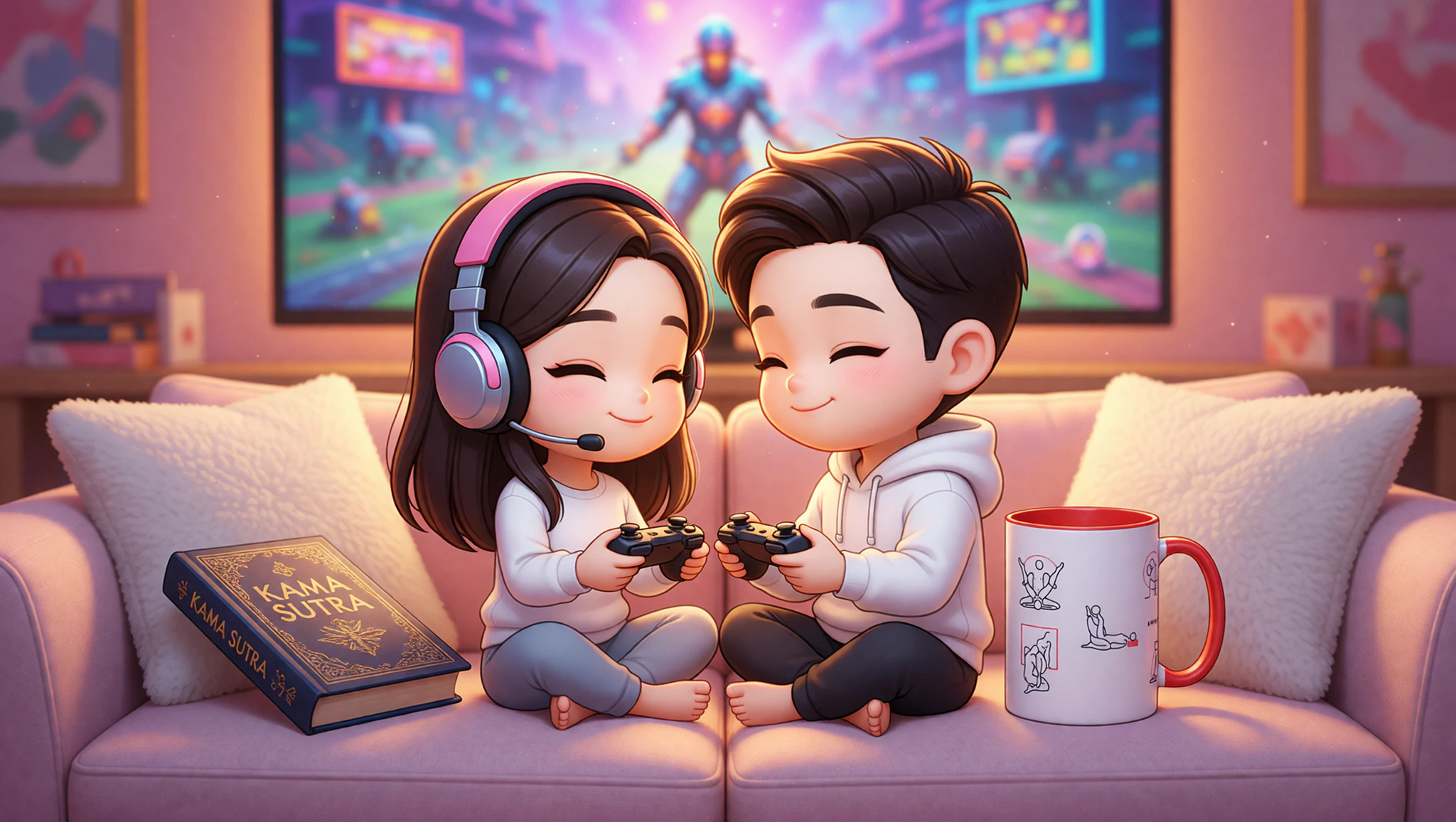 Passionate man and woman couple blending Kama Sutra intimacy with gaming controllers on a vibrant gamer night.