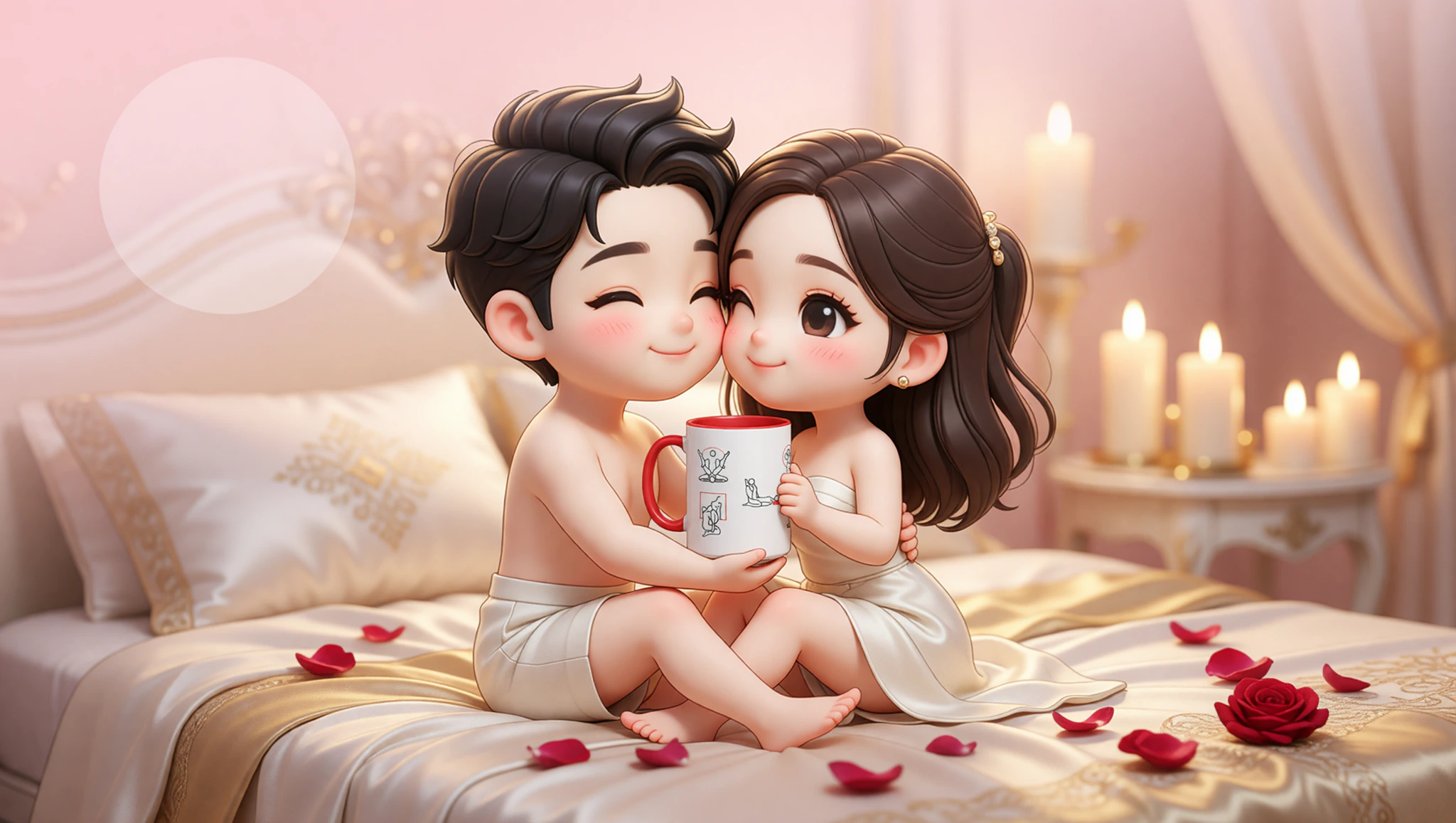 Husband and wife in Lotus Kama Sutra position on honeymoon bed, candlelit romance.