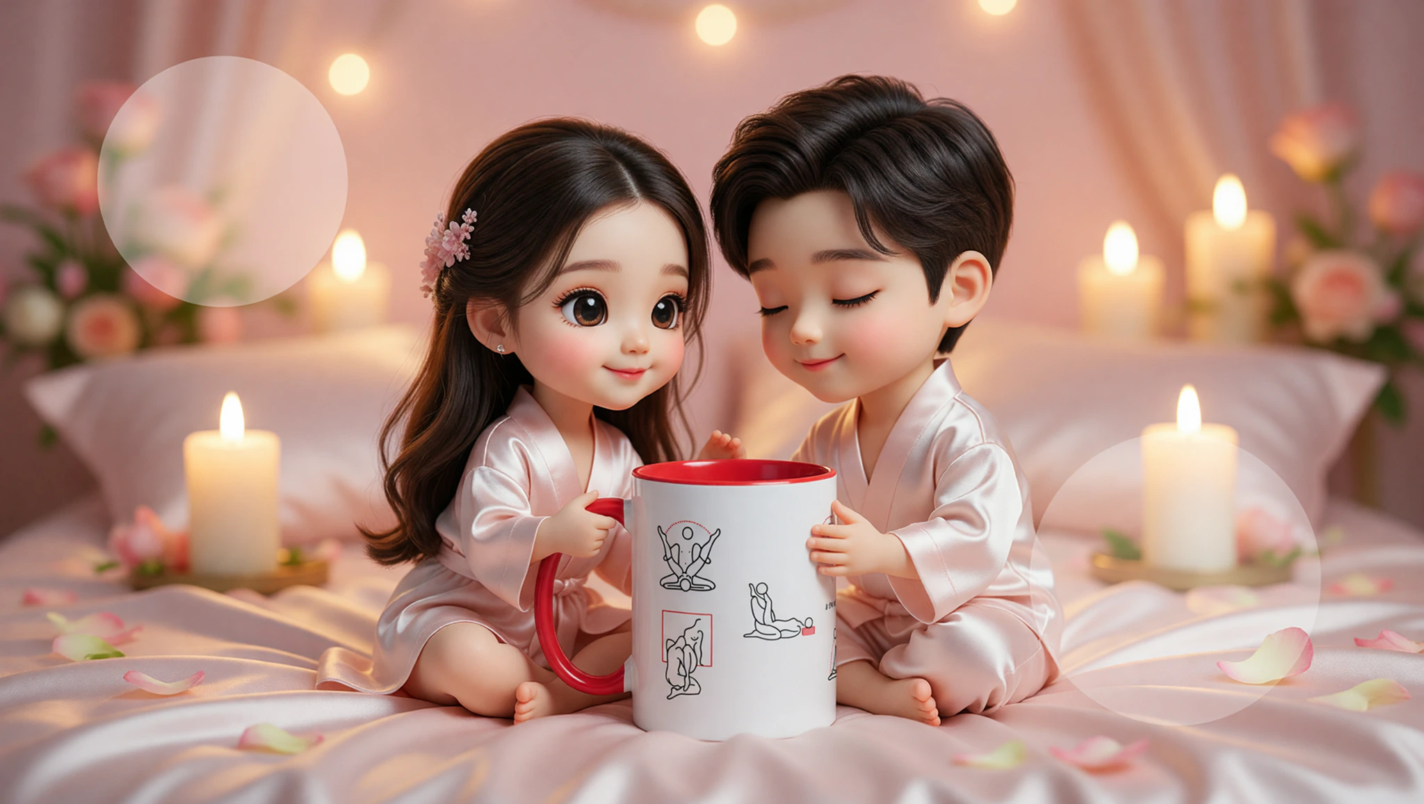 Heterosexual couple unwinding in a lush Kama Sutra-inspired entwined lotus pose under soft lighting.