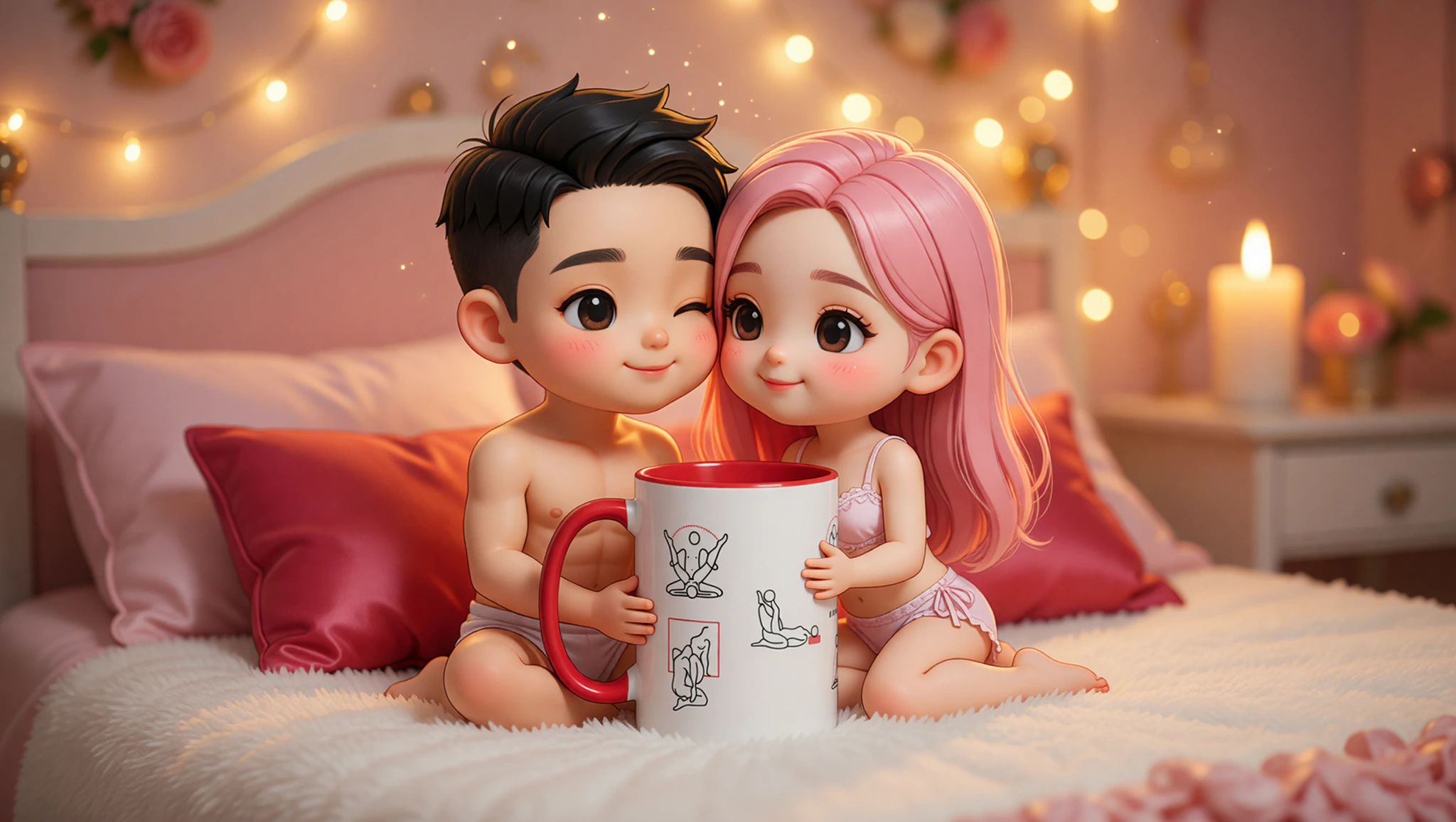 A man and woman sharing an impulsive Kama Sutra lotus embrace in a cozy bedroom.