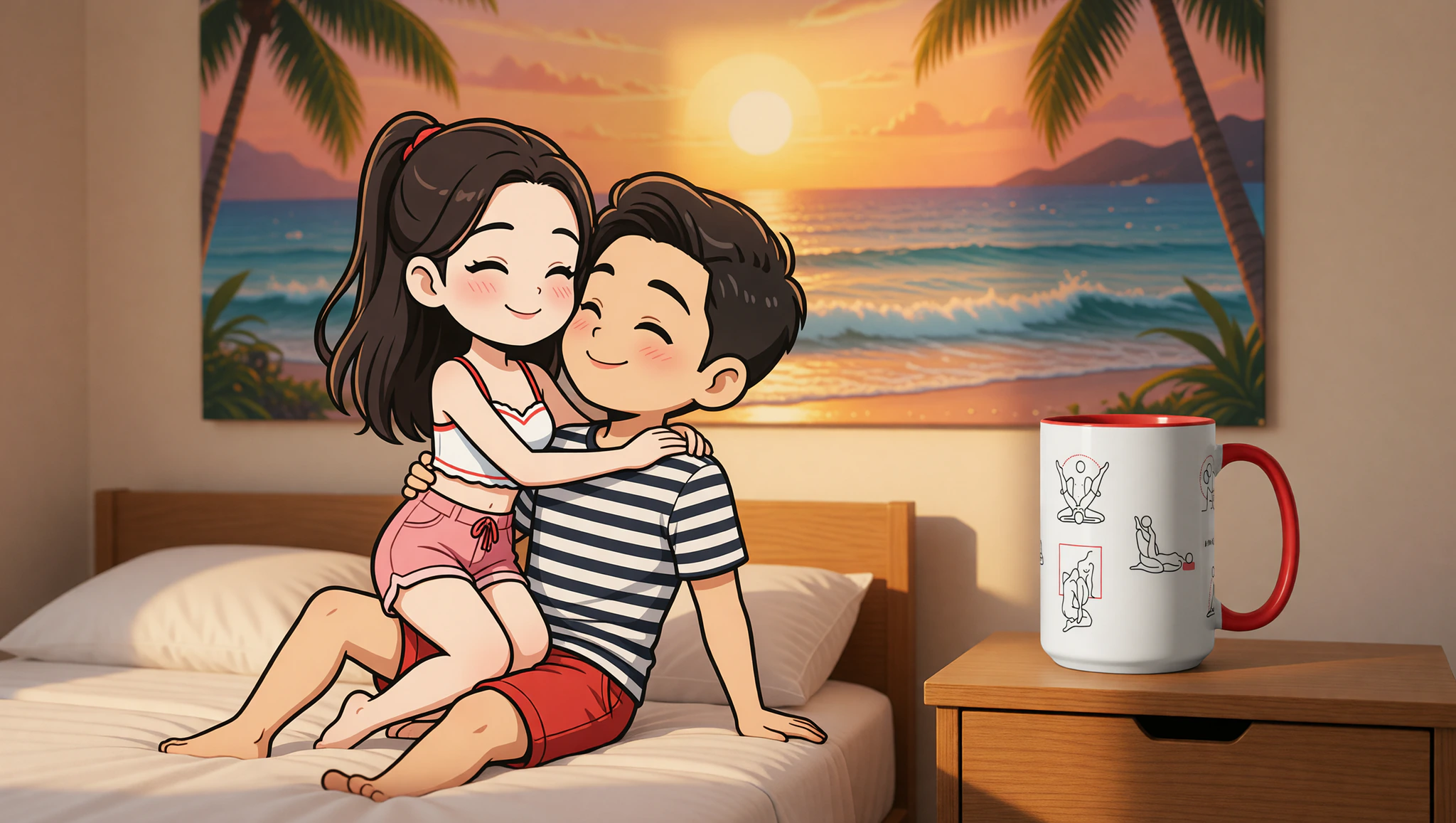 Adventurous man and woman couple in wanderlust Kama Sutra beach pose, evoking sunset passion.