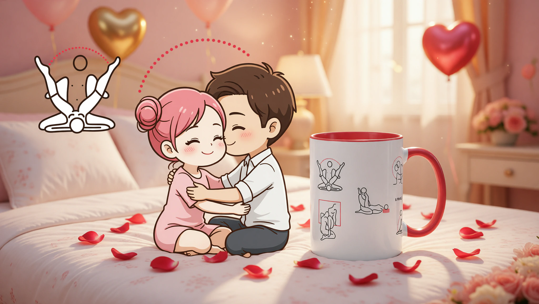 A man and a woman share a close lotus embrace on their anniversary bed.