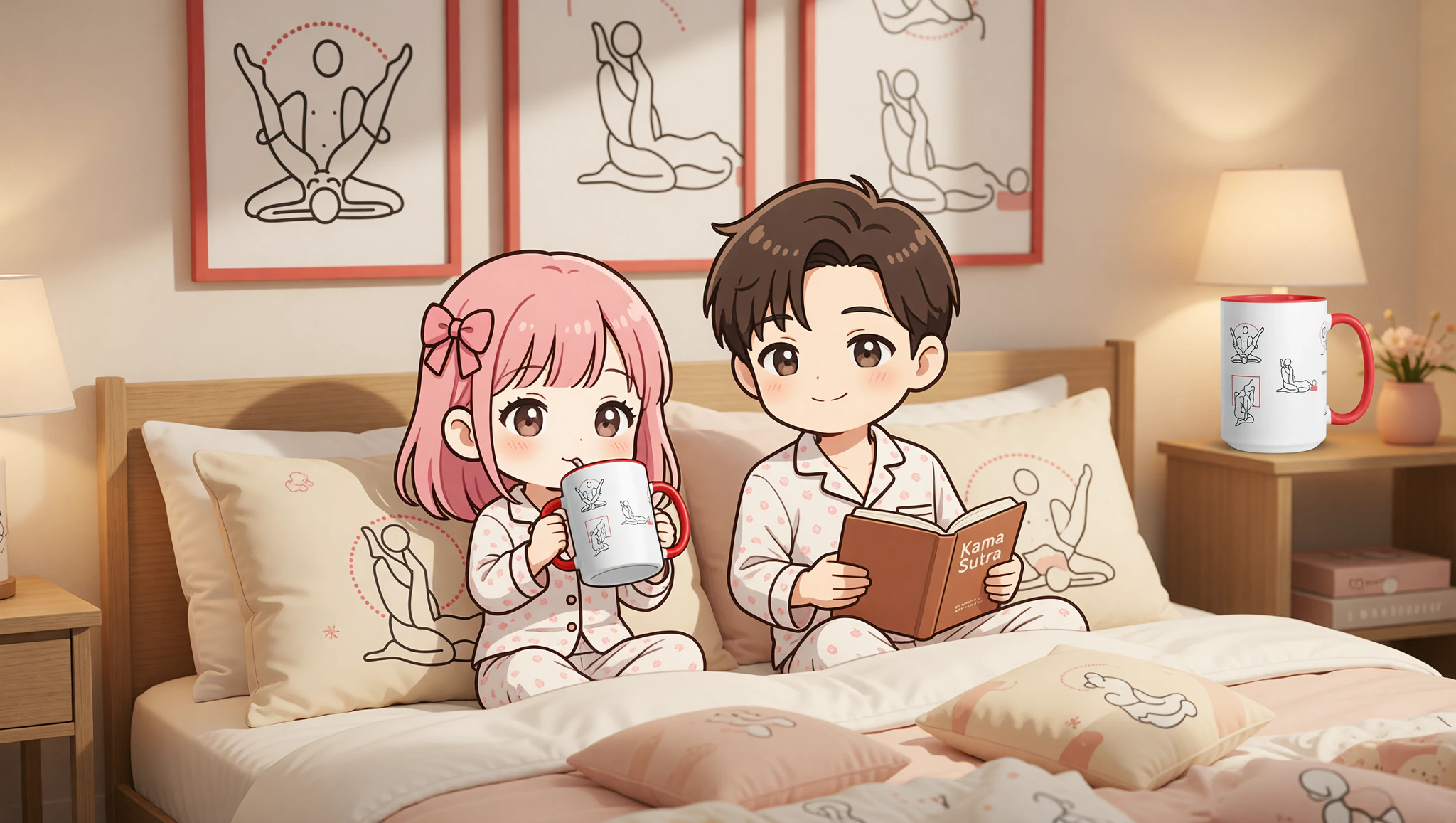 Bedroom setup showing Kama Sutra decor on nightstand, wall, shelf, and pillows with a couple present.