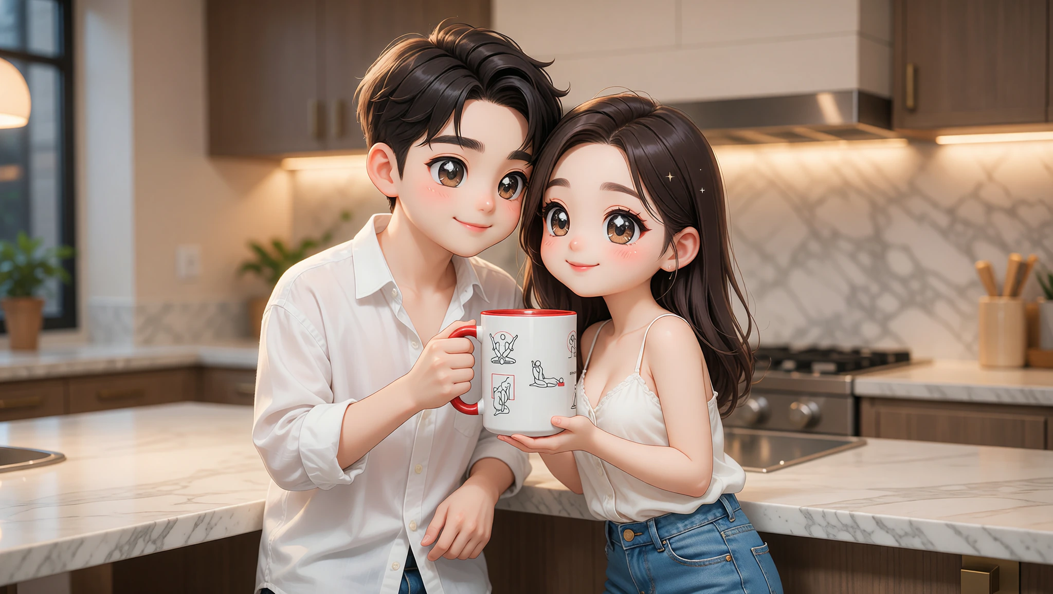 A man and woman couple share a flirty moment leaning against a kitchen counter.