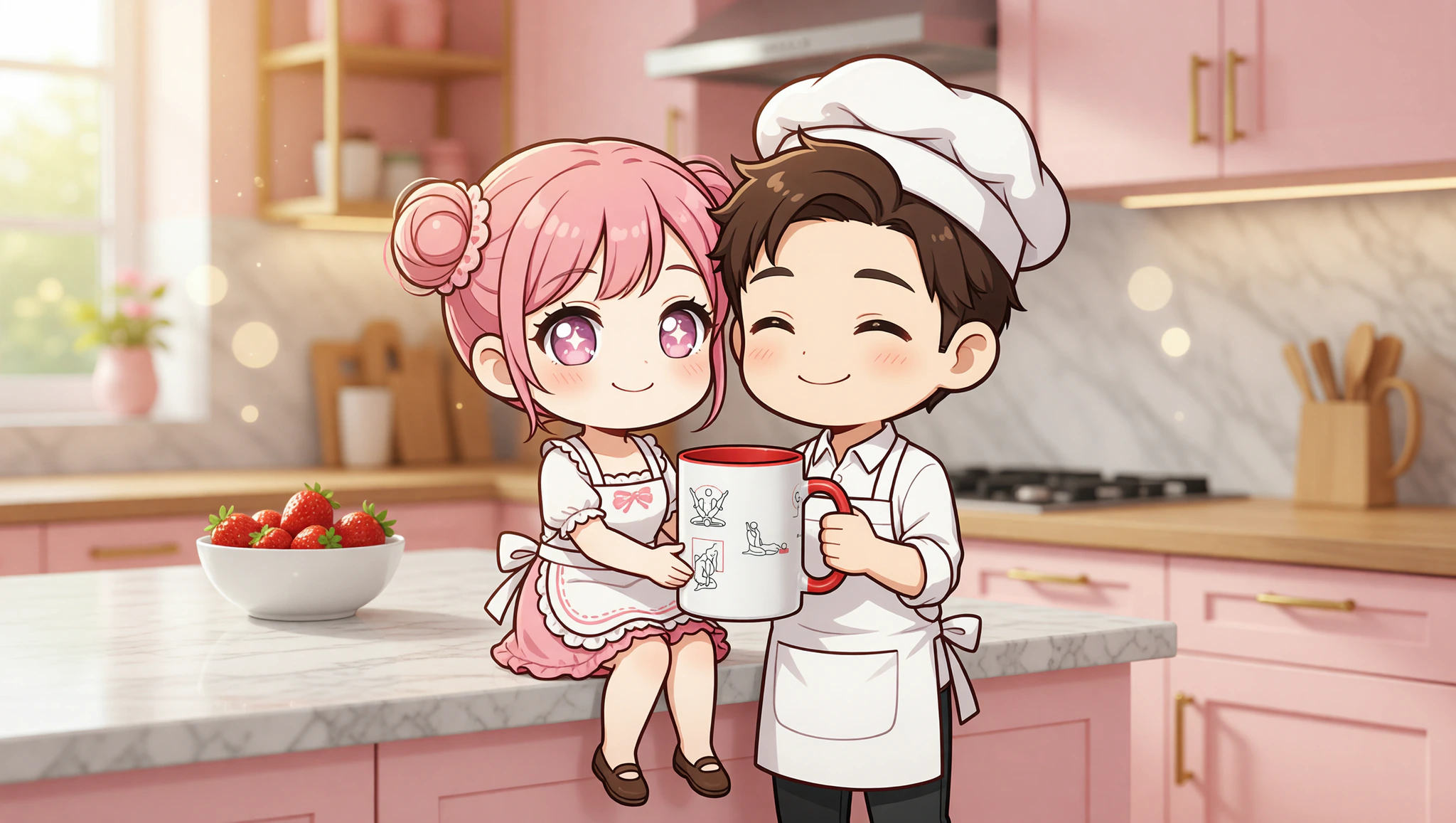 Heterosexual couple sharing a flirty embrace on kitchen counter.