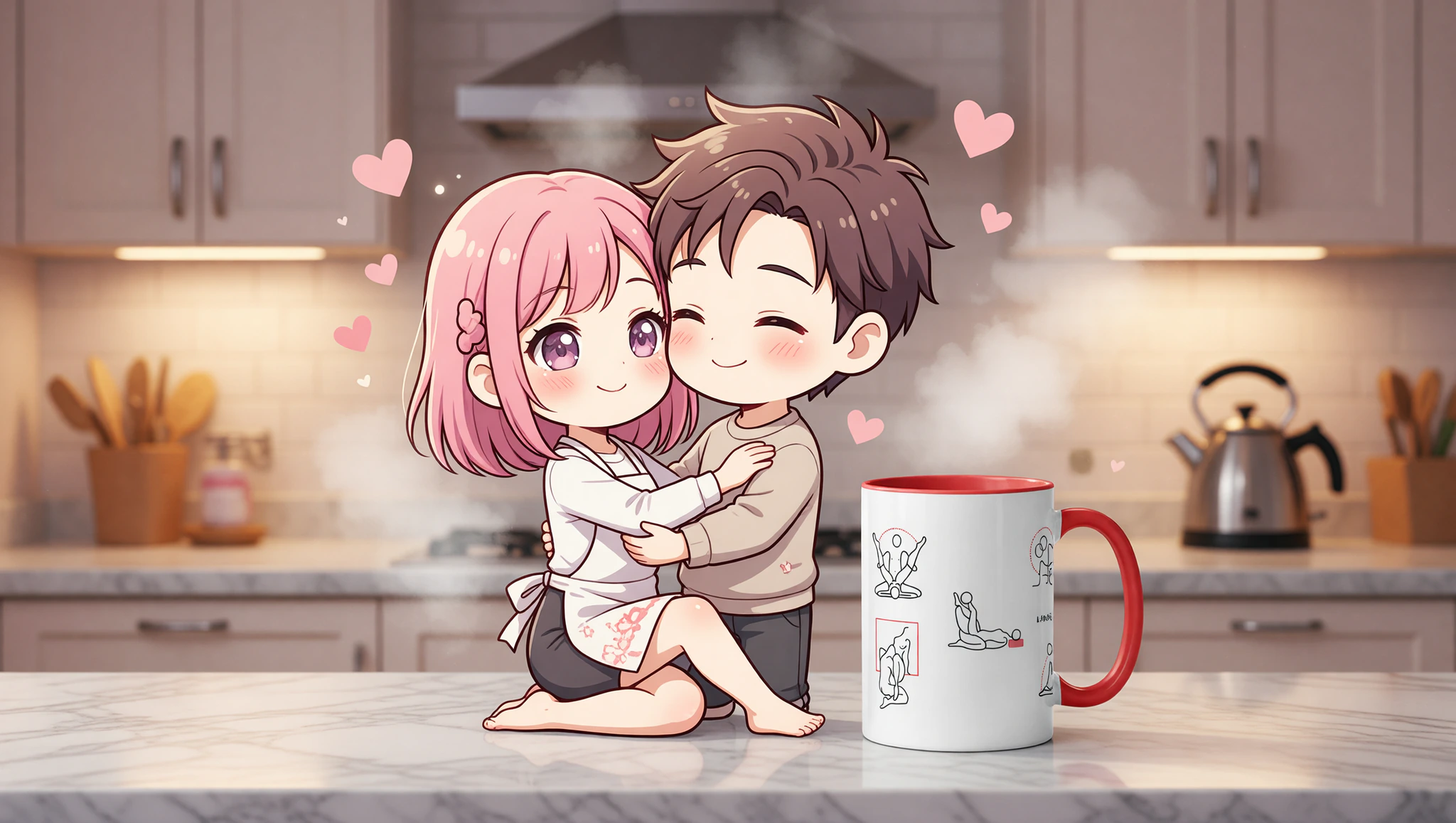 A man and woman locked in a steamy countertop Kama Sutra position in a cozy home kitchen.