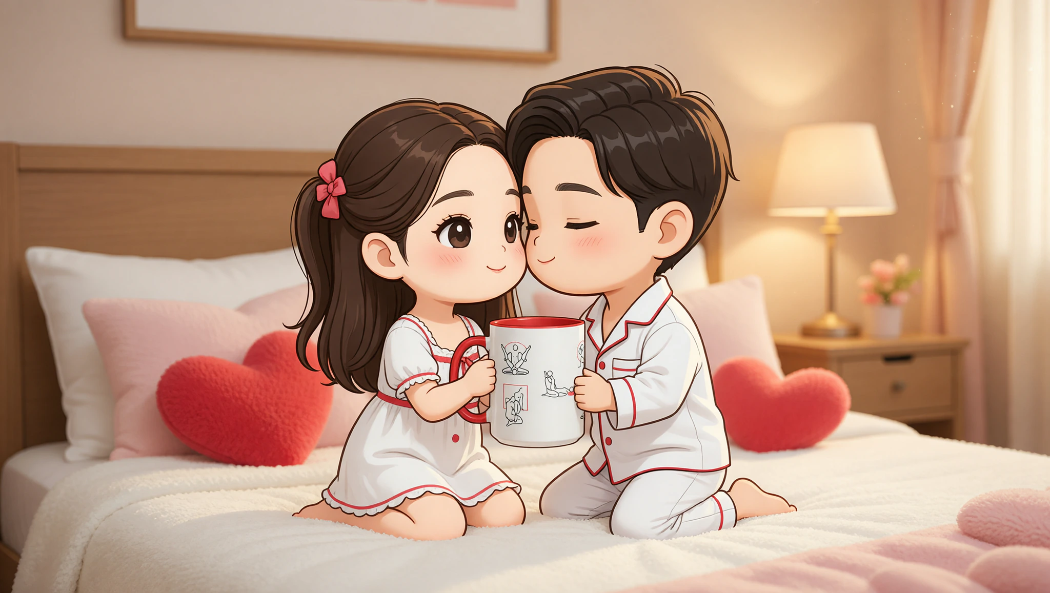 Newlywed man and woman lying face to face in an intimate Kama Sutra inspired position.