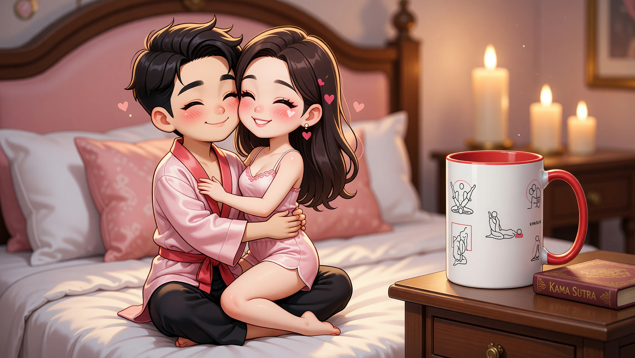 A man and woman couple intimately exploring a Kama Sutra position during their anniversary in a romantic bedroom setting.