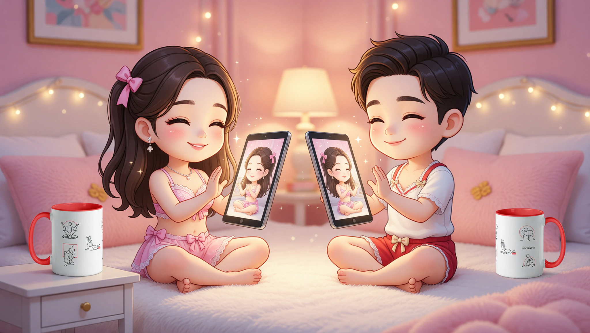 A man and woman video chatting while virtually enacting a Kama Sutra position to spark long-distance passion.