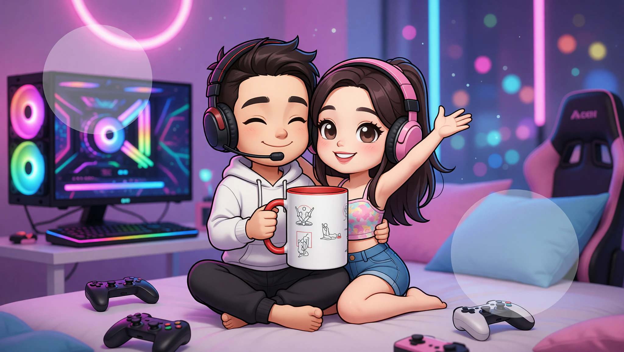 Gamer couple in cozy setup enjoying a Kama Sutra power play with controllers nearby.