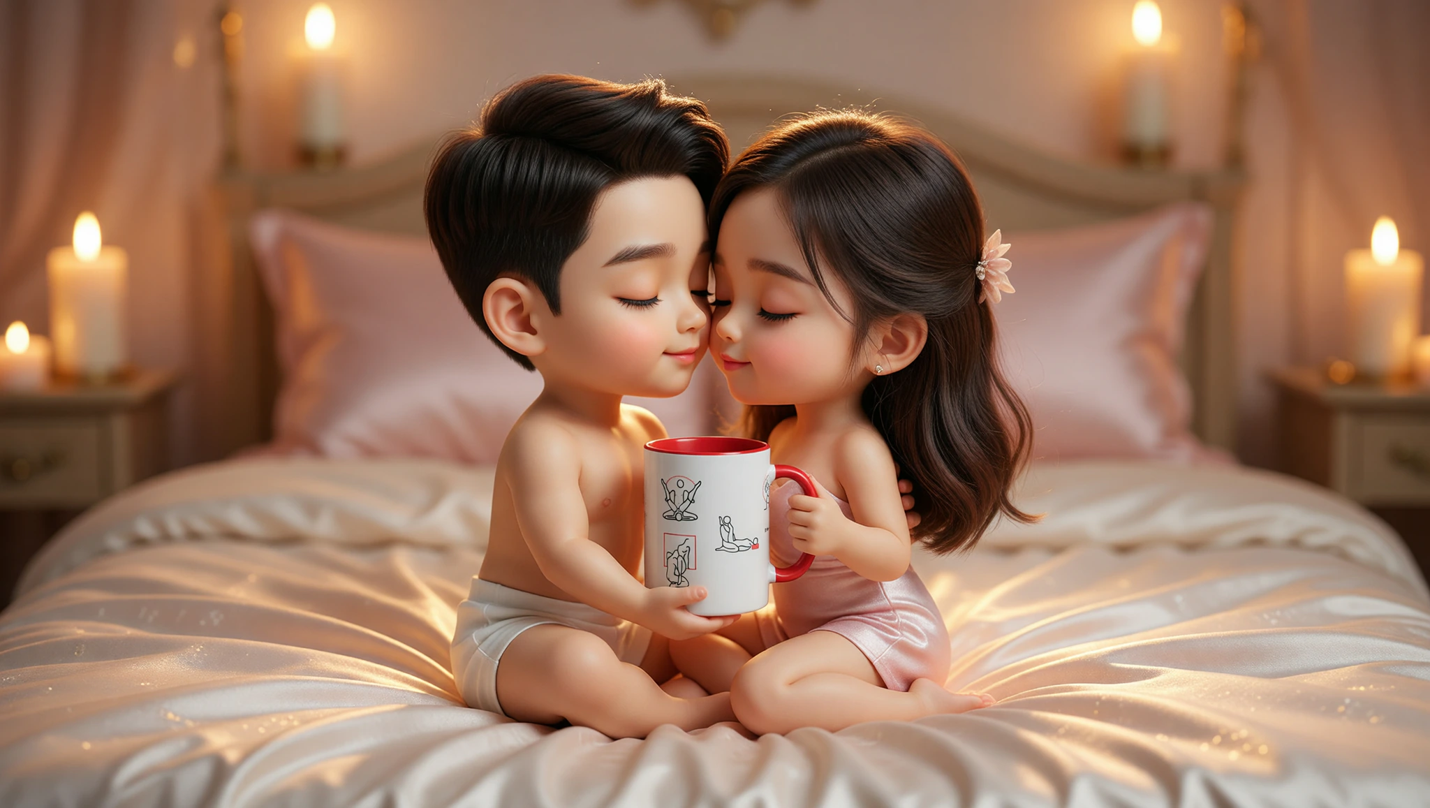 A heterosexual couple intimately entwined in the Kama Sutra lotus position under soft lighting.