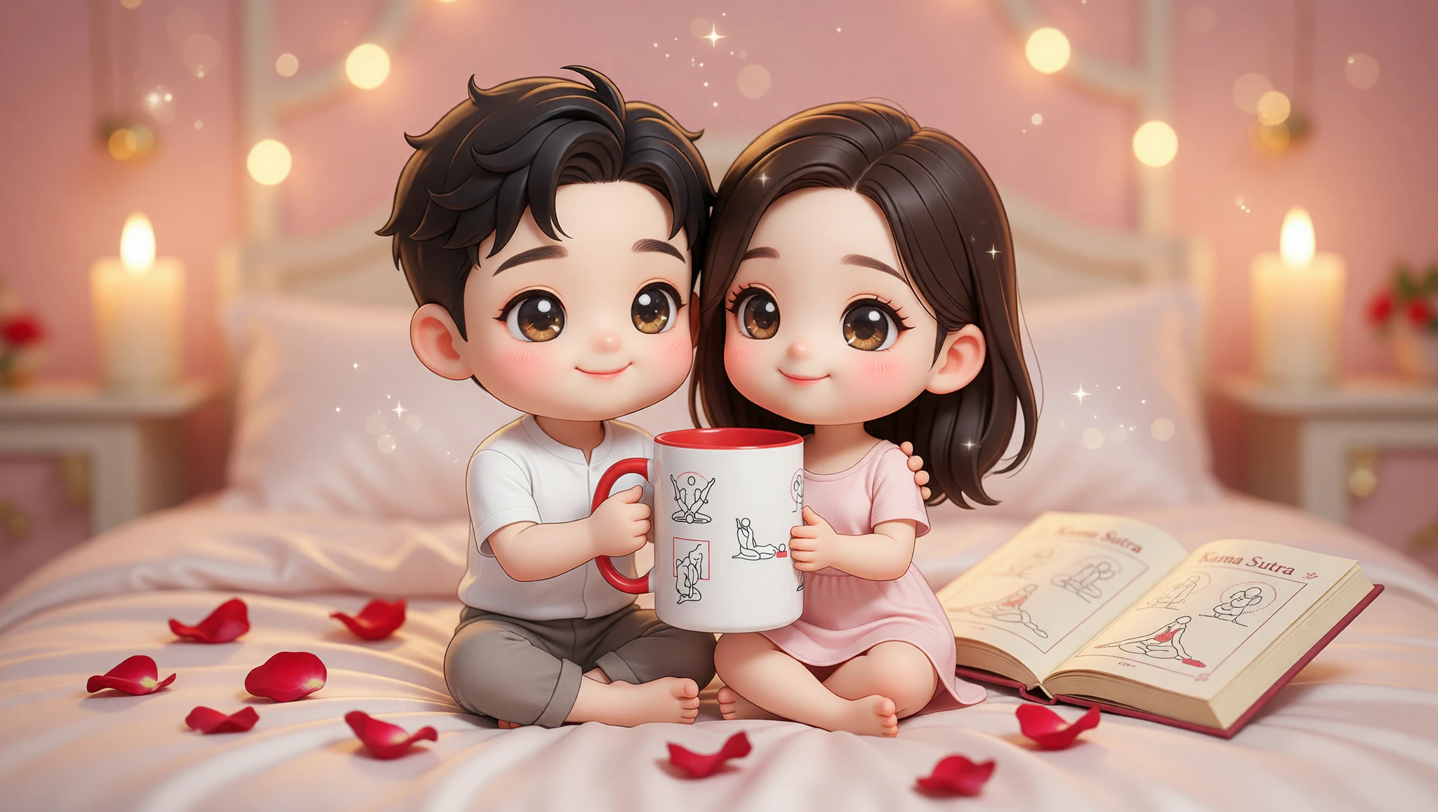 A passionate man and woman couple exploring an intimate Kama Sutra lotus position surrounded by romantic anniversary elements.