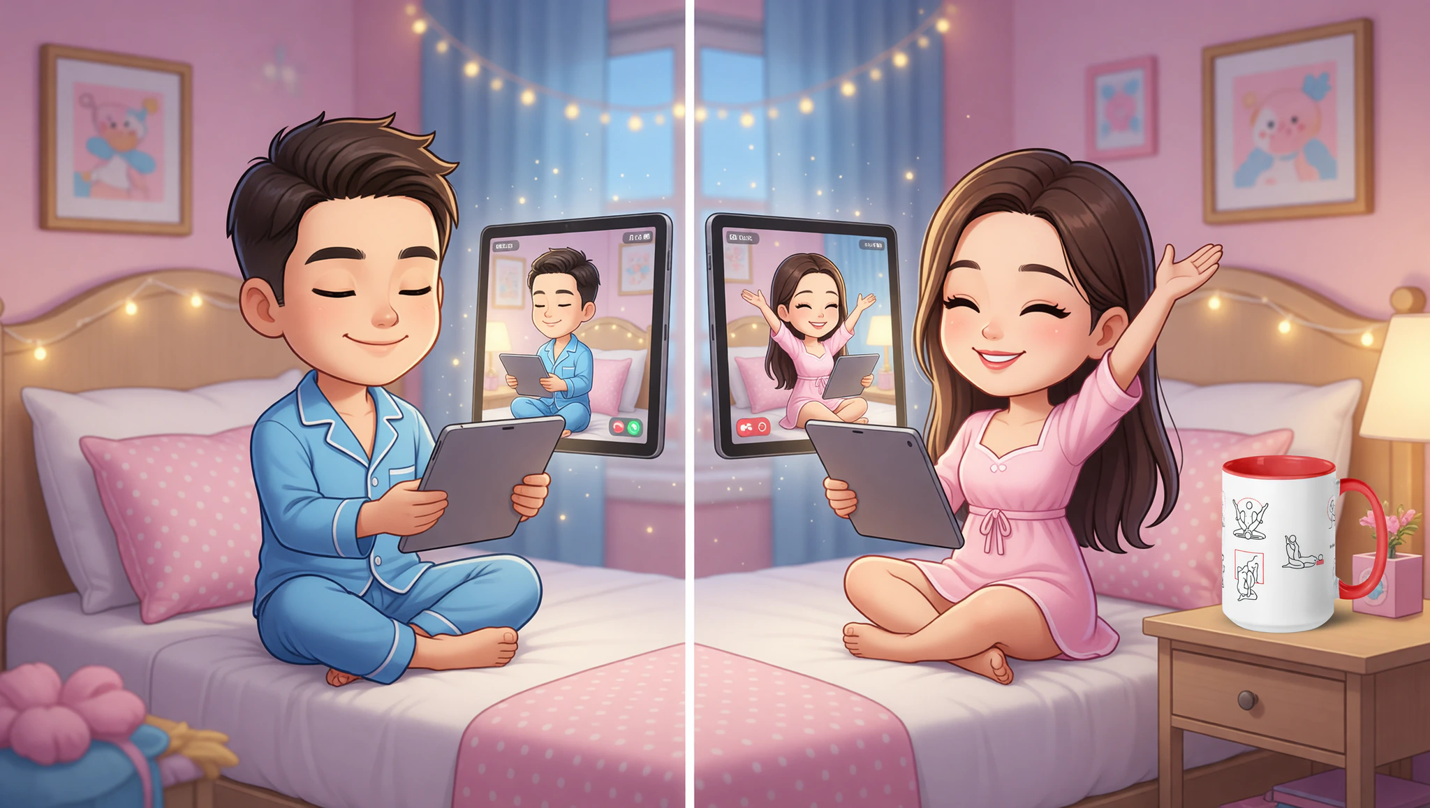 Long-distance couple sharing a steamy Kama Sutra-inspired video tease from their bedrooms.