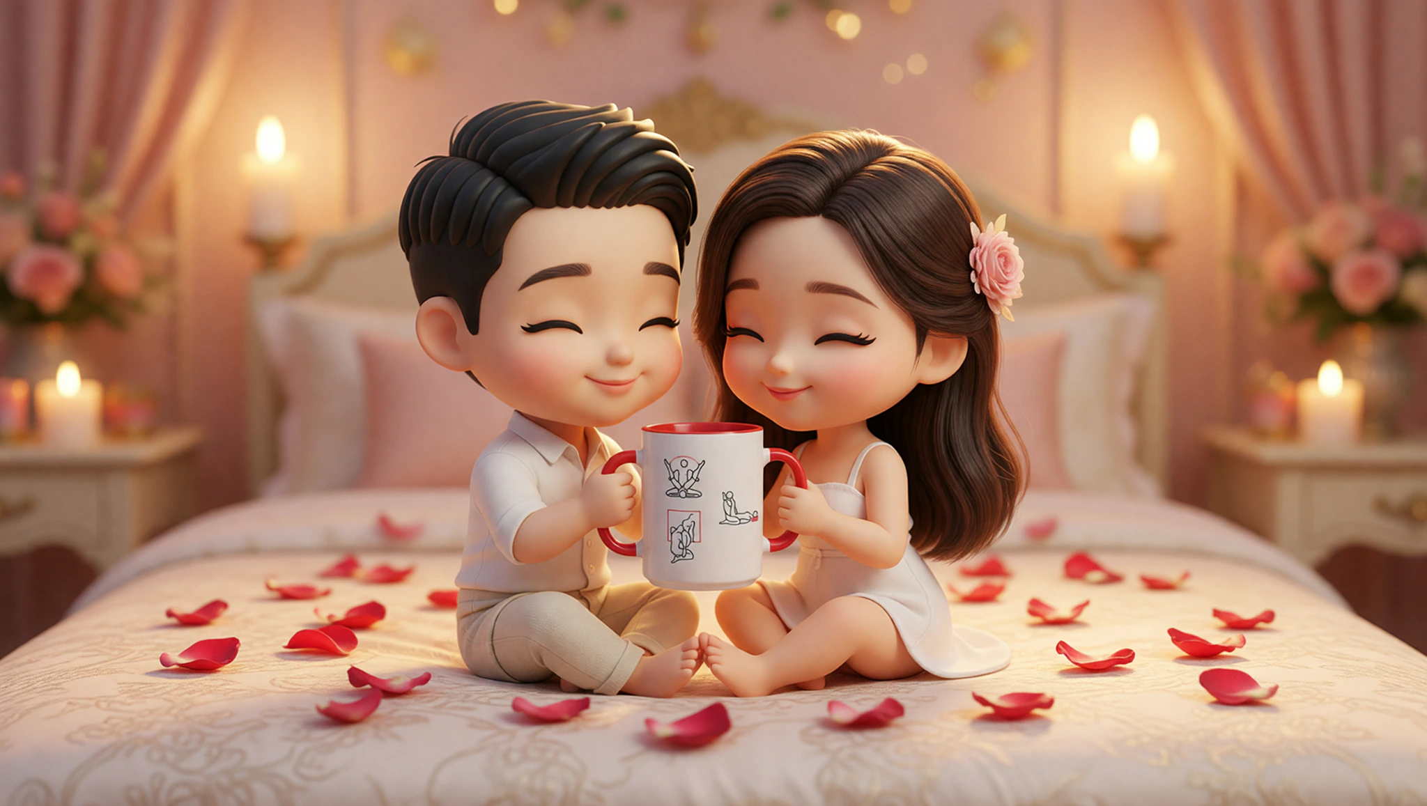 Newlywed man and woman embracing in the intimate Lotus position from Kama Sutra amid soft bedroom glow.