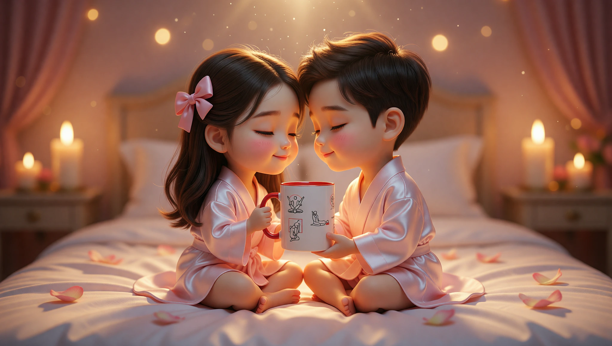 Newlywed couple sharing an intimate Lotus embrace from the Kama Sutra on a luxurious bed.