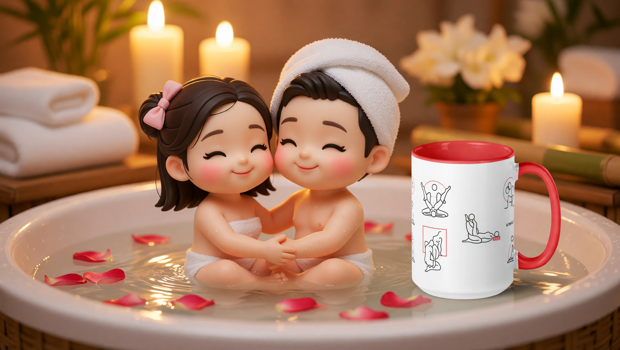 Couple in bathtub sharing a close Kama Sutra lotus embrace in spa serenity.