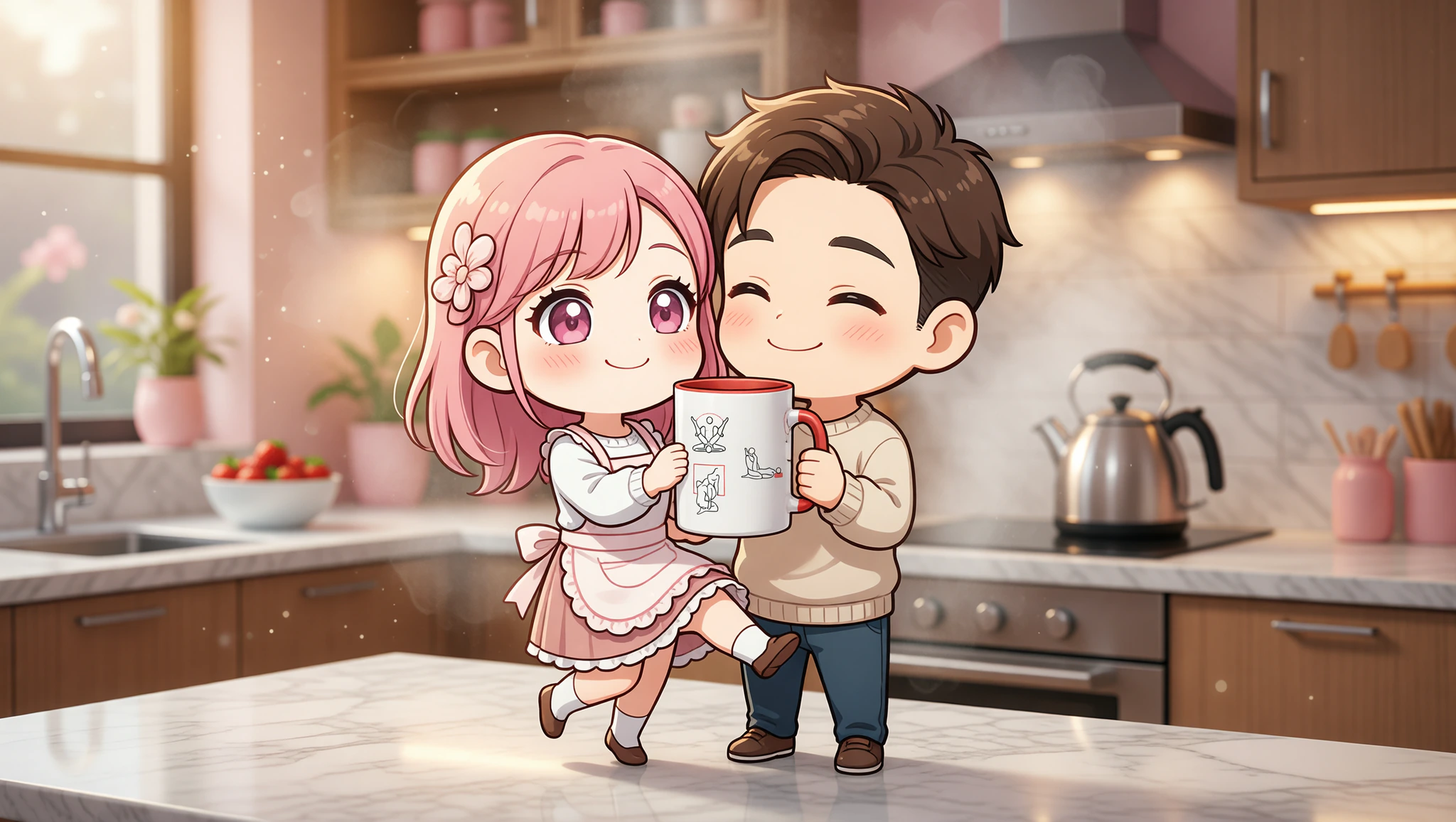 A couple embracing intimately on a kitchen counter in a Kama Sutra-inspired pose.