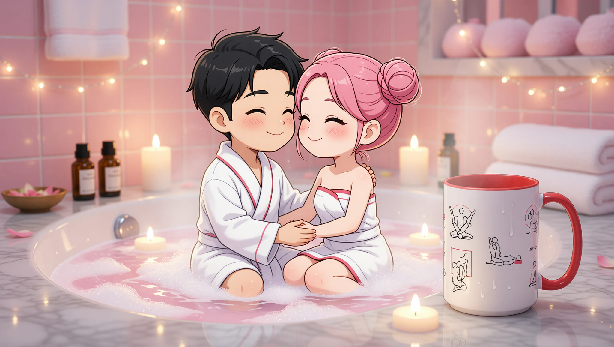 A man and woman embracing intimately in a lotus Kama Sutra pose within their luxurious home spa bathtub.