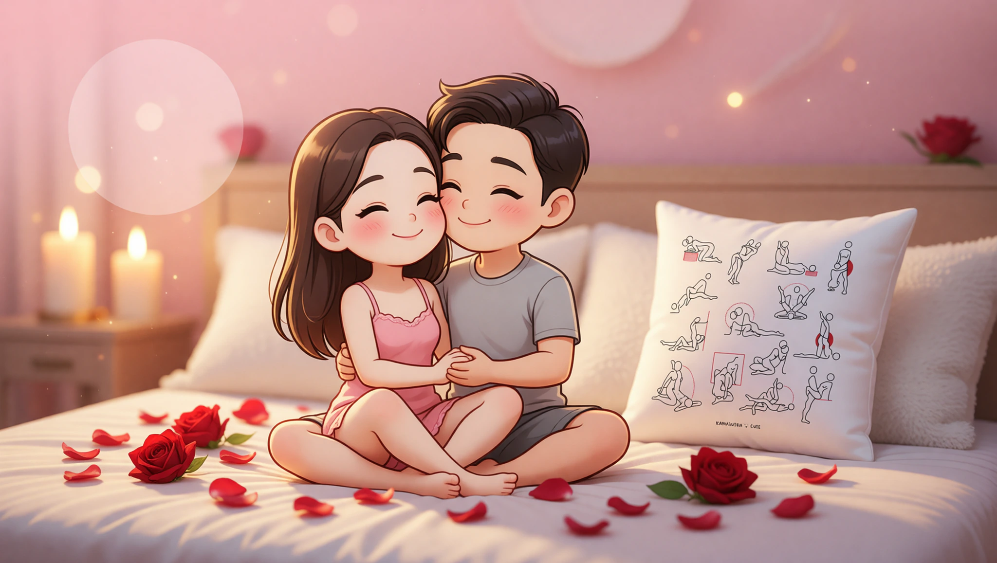 Heterosexual couple intimately entwined in a Kama Sutra lotus embrace on their anniversary bed.