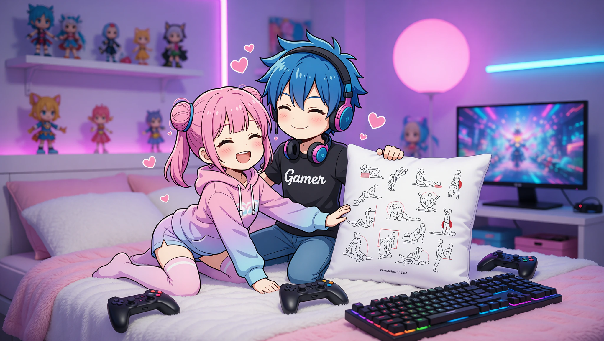 Gamer couple in a bedroom executing a Kama Sutra power play position surrounded by gaming gear.