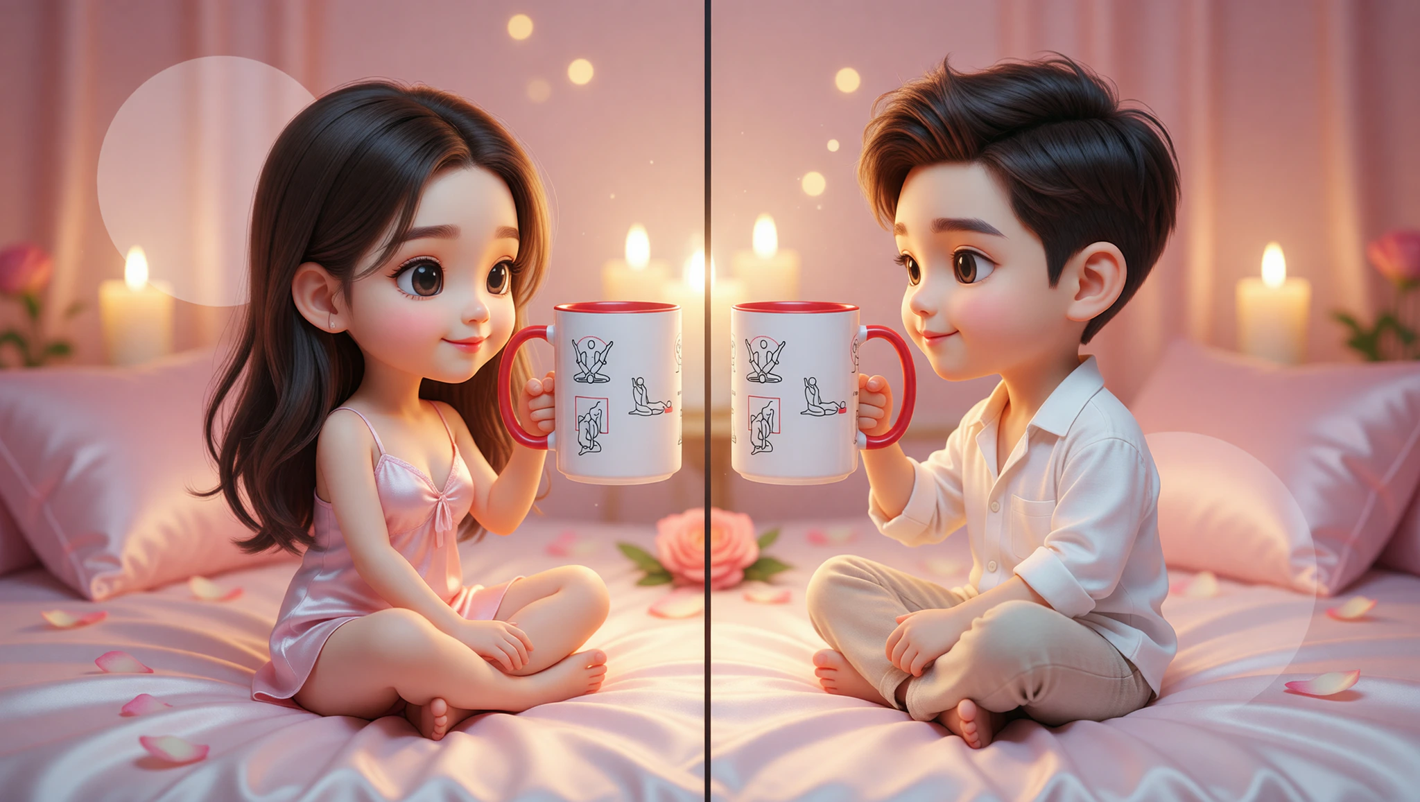 A man and a woman sharing sultry Kama Sutra intimacy across a video call screen.