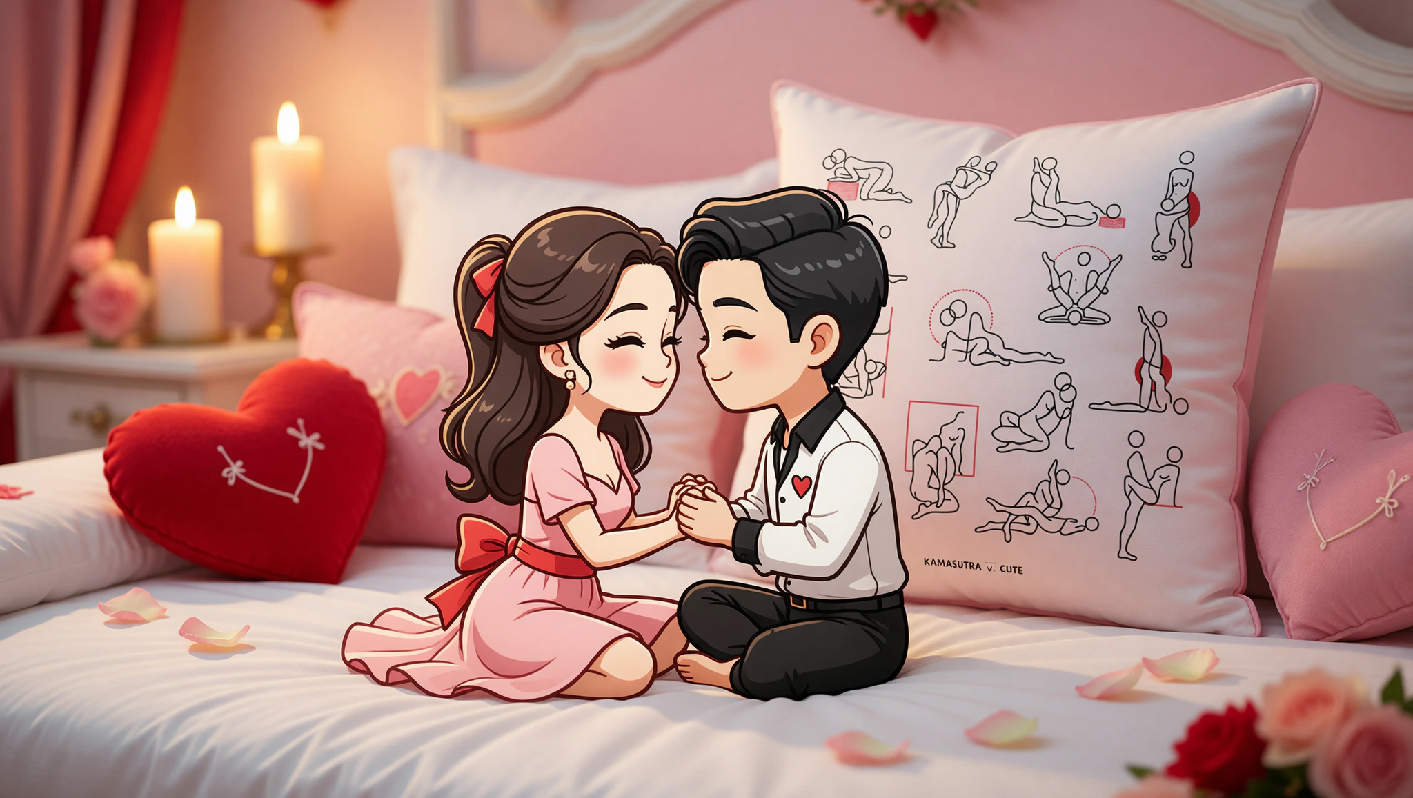 A man and woman couple intimately connected in a Kama Sutra position on their anniversary, surrounded by soft pillows and candlelight.