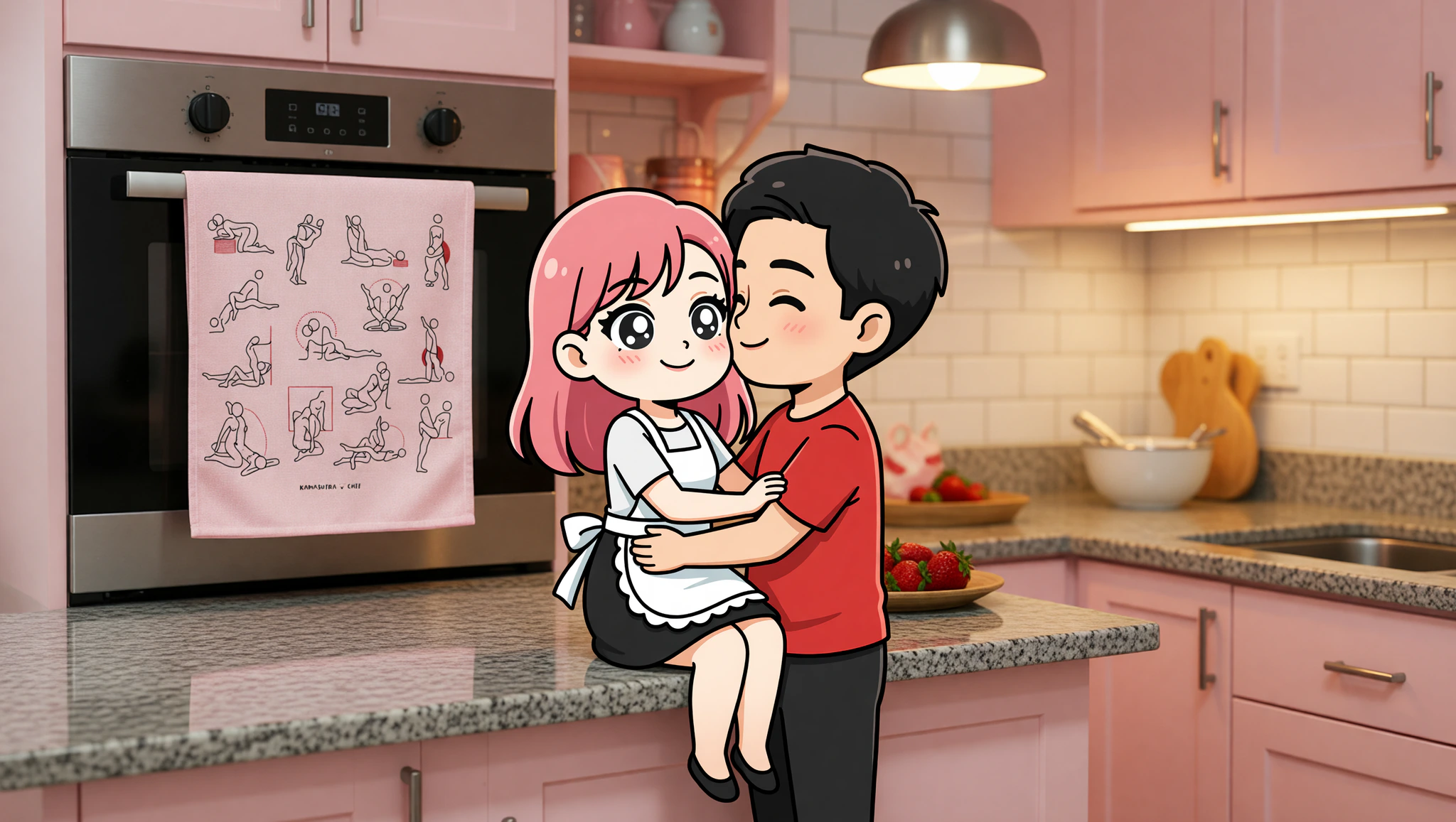 A man and woman locked in a steamy Kama Sutra embrace on the kitchen counter.