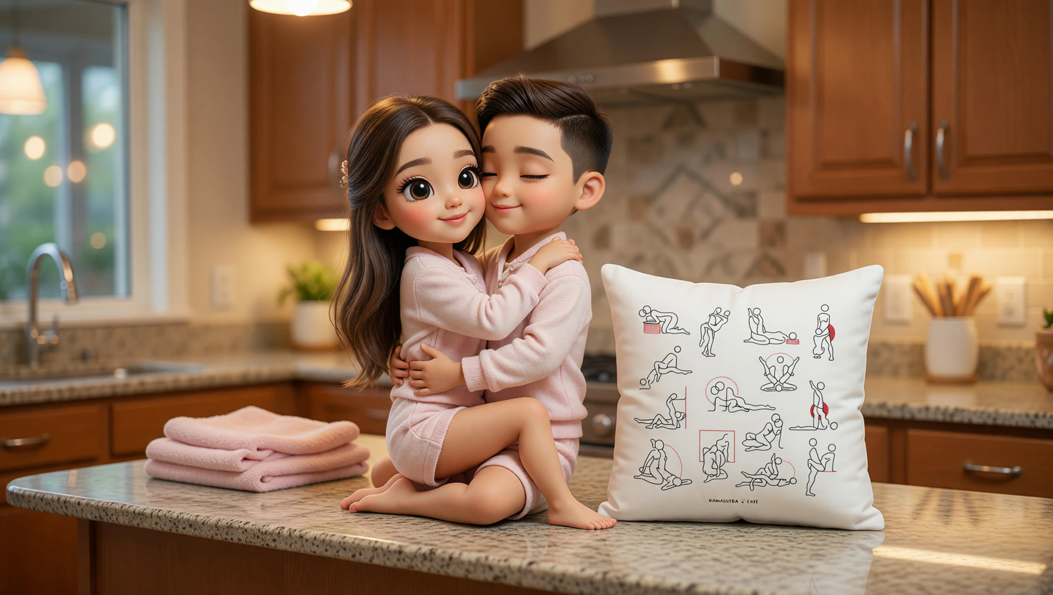 Man and woman in intimate Kama Sutra lotus position on kitchen counter.