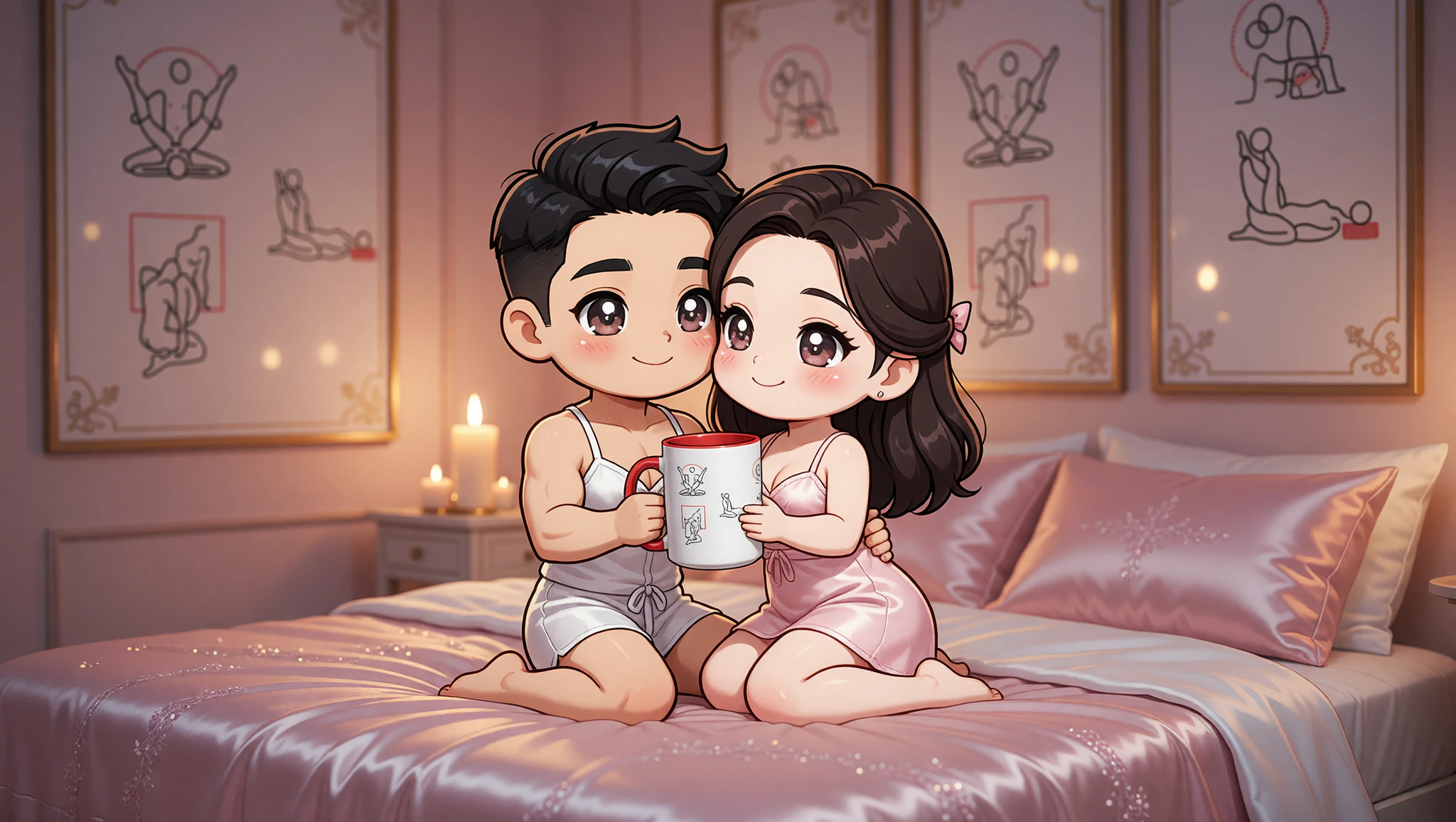 A man and woman passionately embracing in a bedroom adorned with artistic Kama Sutra screens.