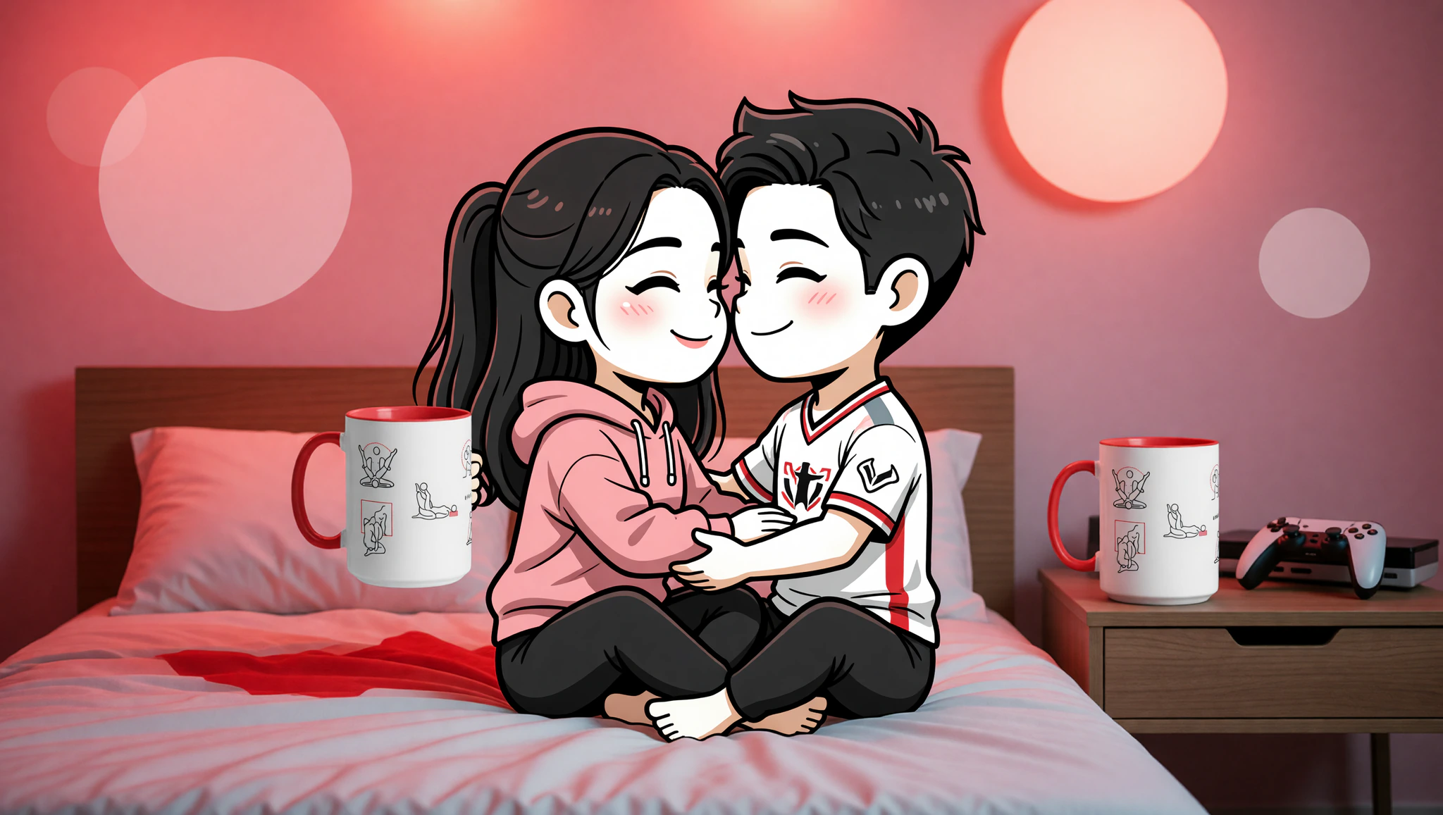 Gamer couple trying a Kama Sutra lotus position in their bedroom after watching a flick.