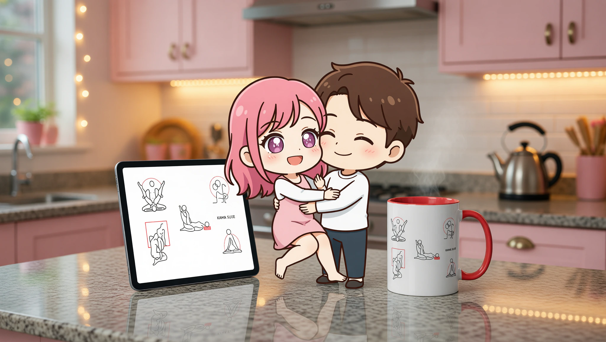 A man and woman sharing a flirty embrace on the kitchen counter with a Kama Sutra movie on a nearby screen.