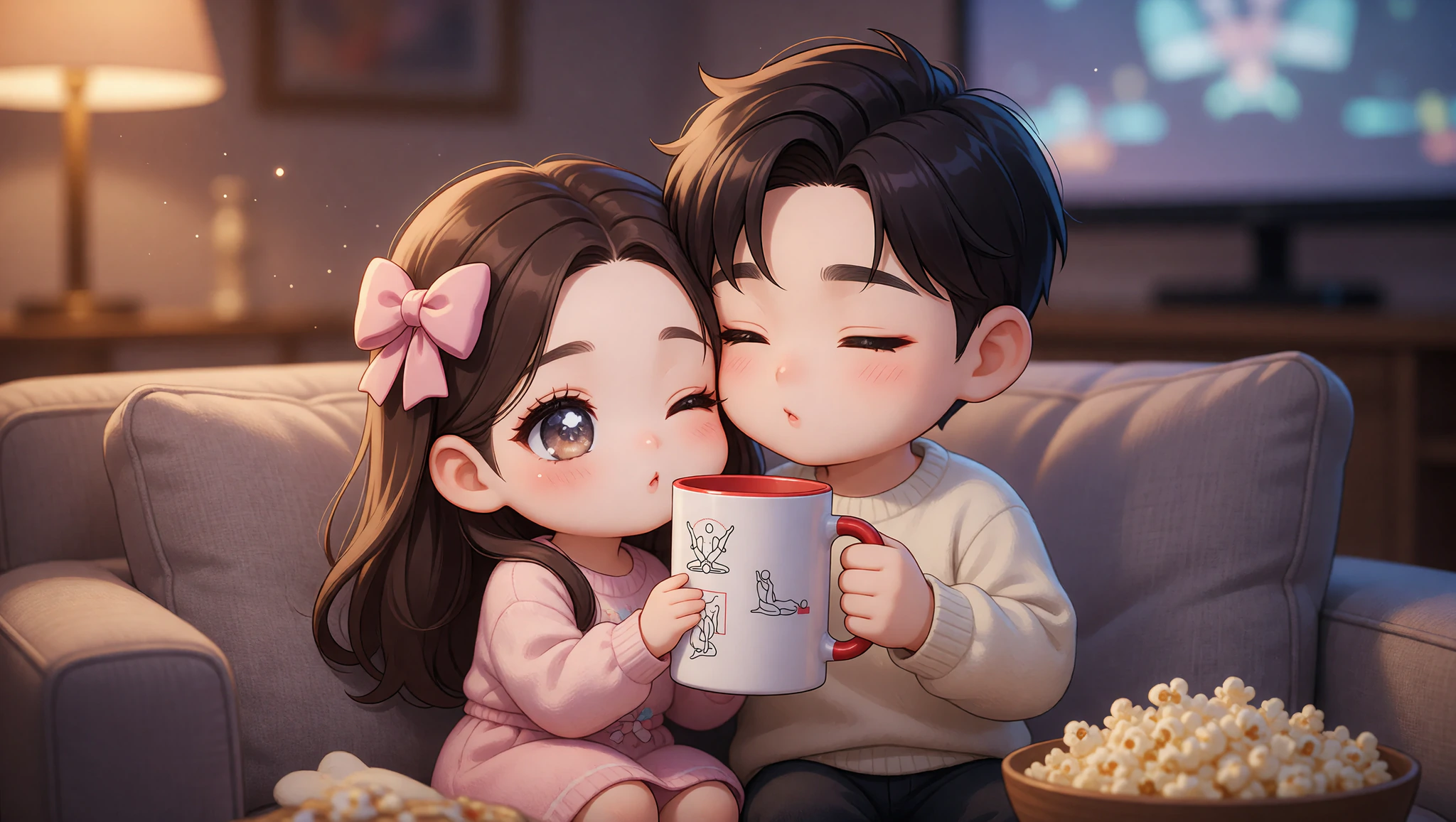 Newlywed couple sharing a flirty Kama Sutra movie night on the couch.