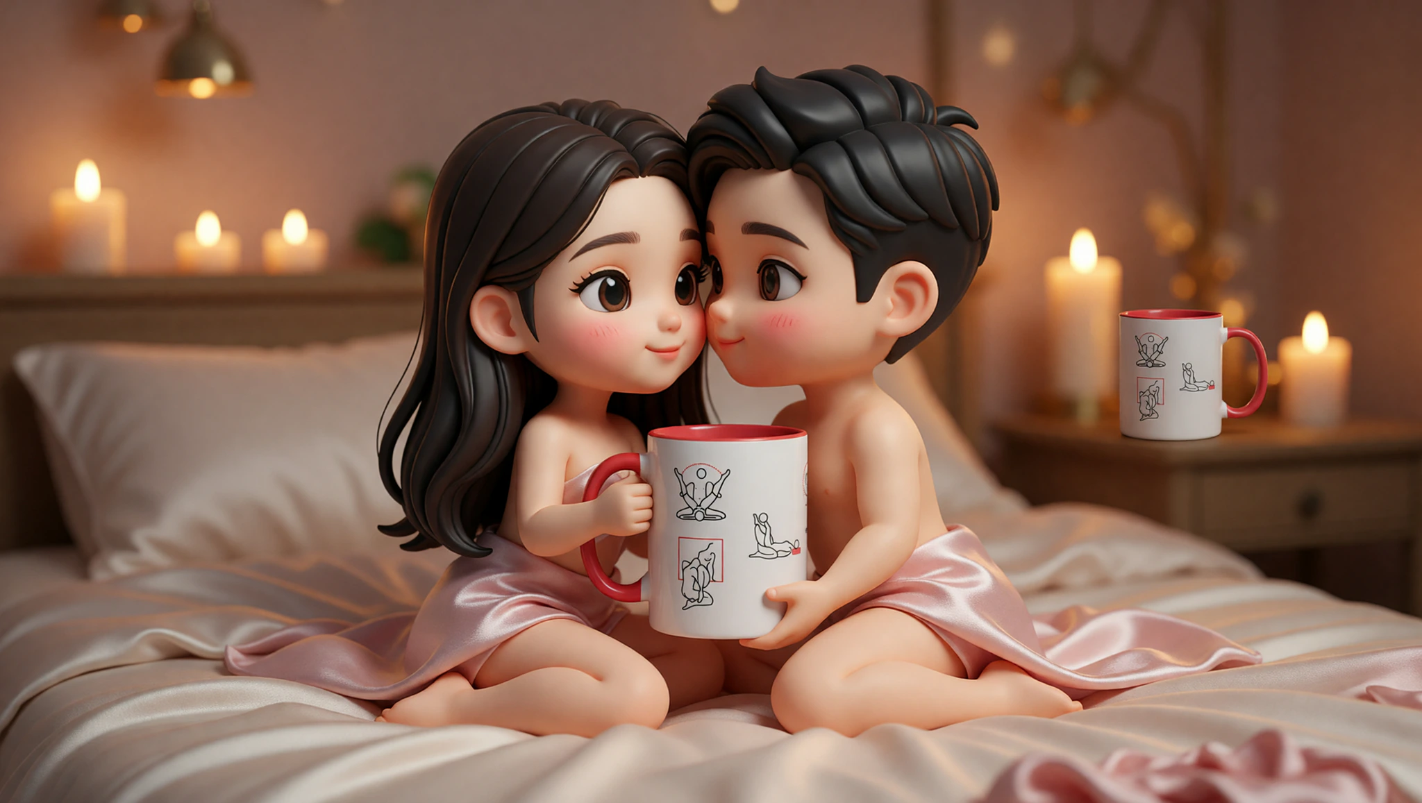 A loving man and woman sharing a tender Kama Sutra position in their candlelit bedroom.