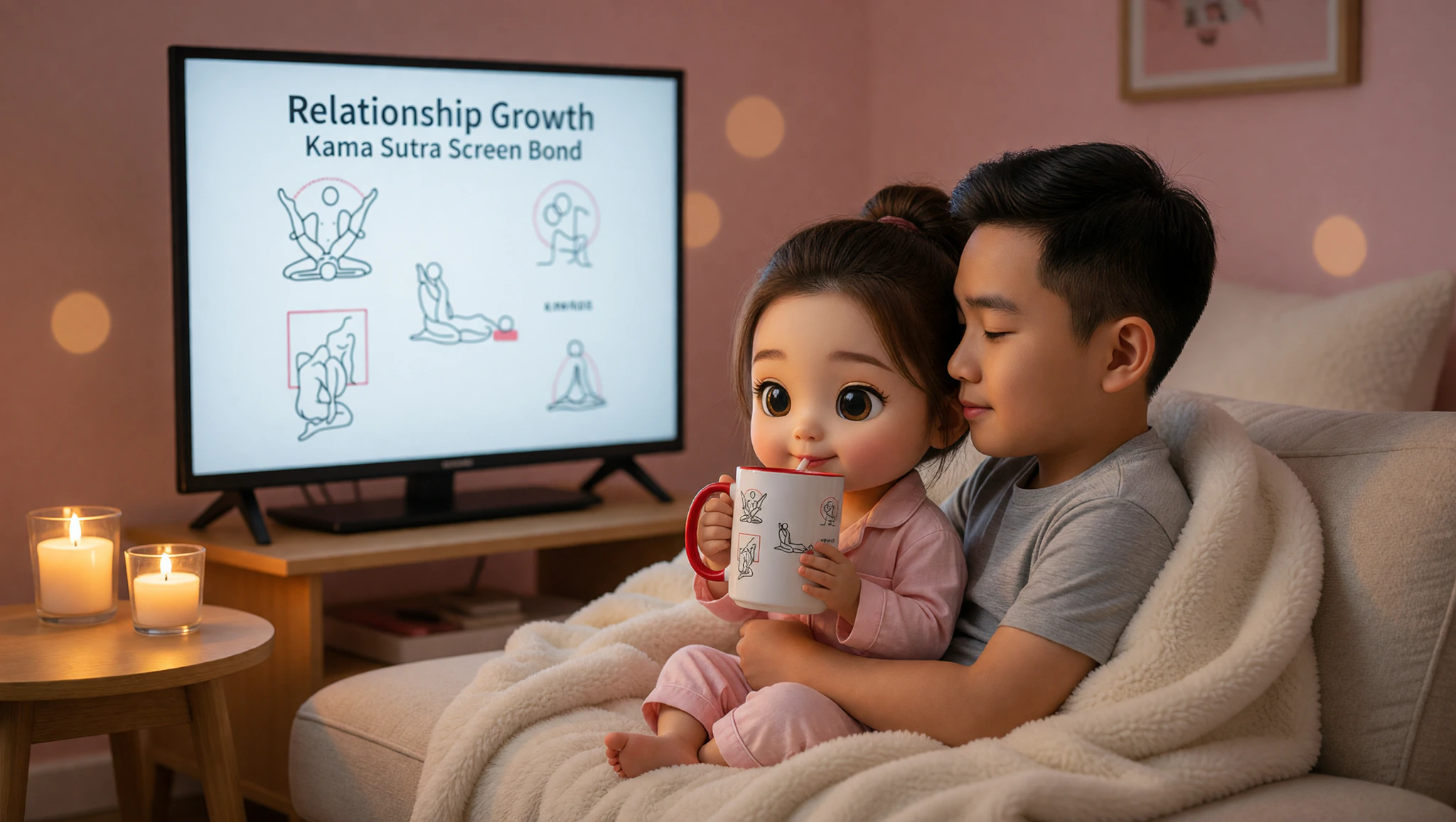 A passionate man and woman embracing on the couch during a steamy Kama Sutra movie night.